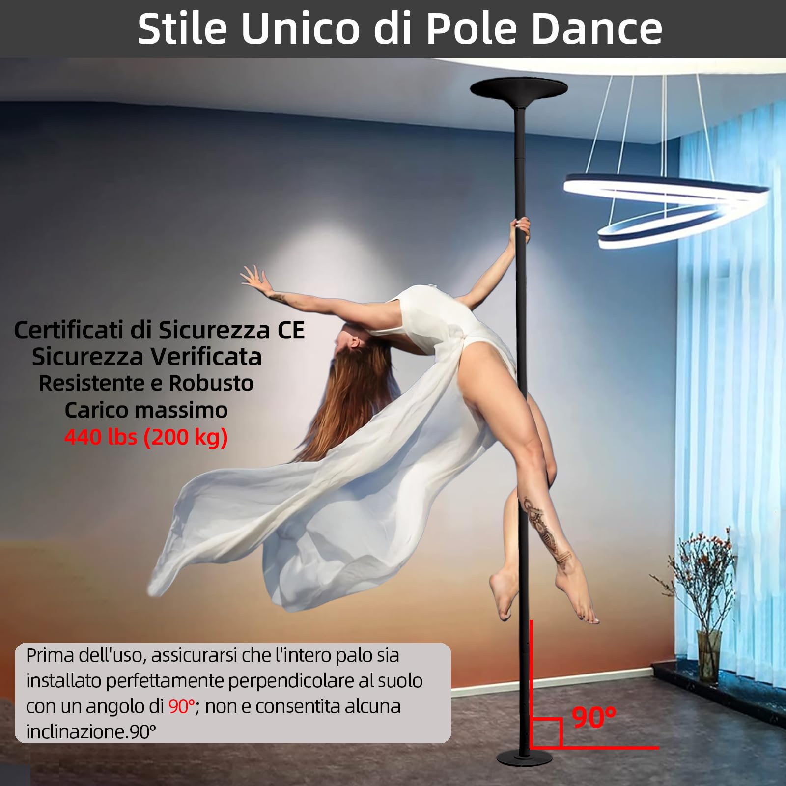 PRIOR FITNESS Palo de baile premium de 45 mm, modo estático y giratorio, altura ajustable de 223,5 cm a 274,5 cm, para gimnasio, fiesta y estudio