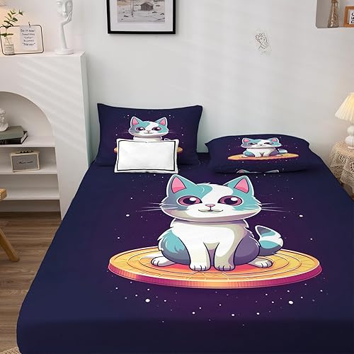 Miniatura 2 de Sábanas de gato tamaño California King, sábanas de cama de animales lindos, sábanas y fundas de almohada con patrones de 4 piezas, sábana bajera