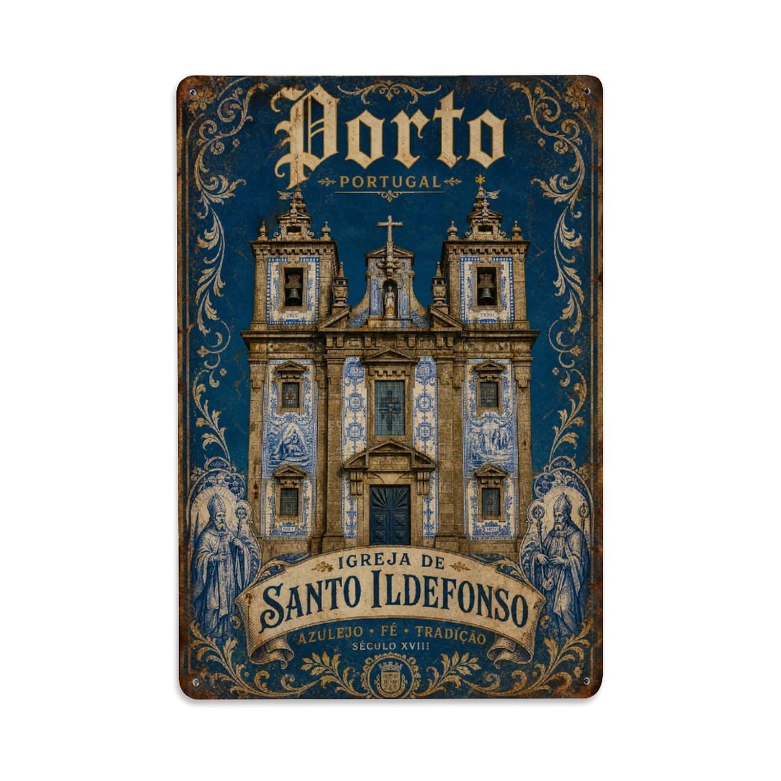 Yrnq 08X12inch Vintage Style Vintage Igreja Ildefonso Twin Towers Baroque Portugal Metal Tin Sign