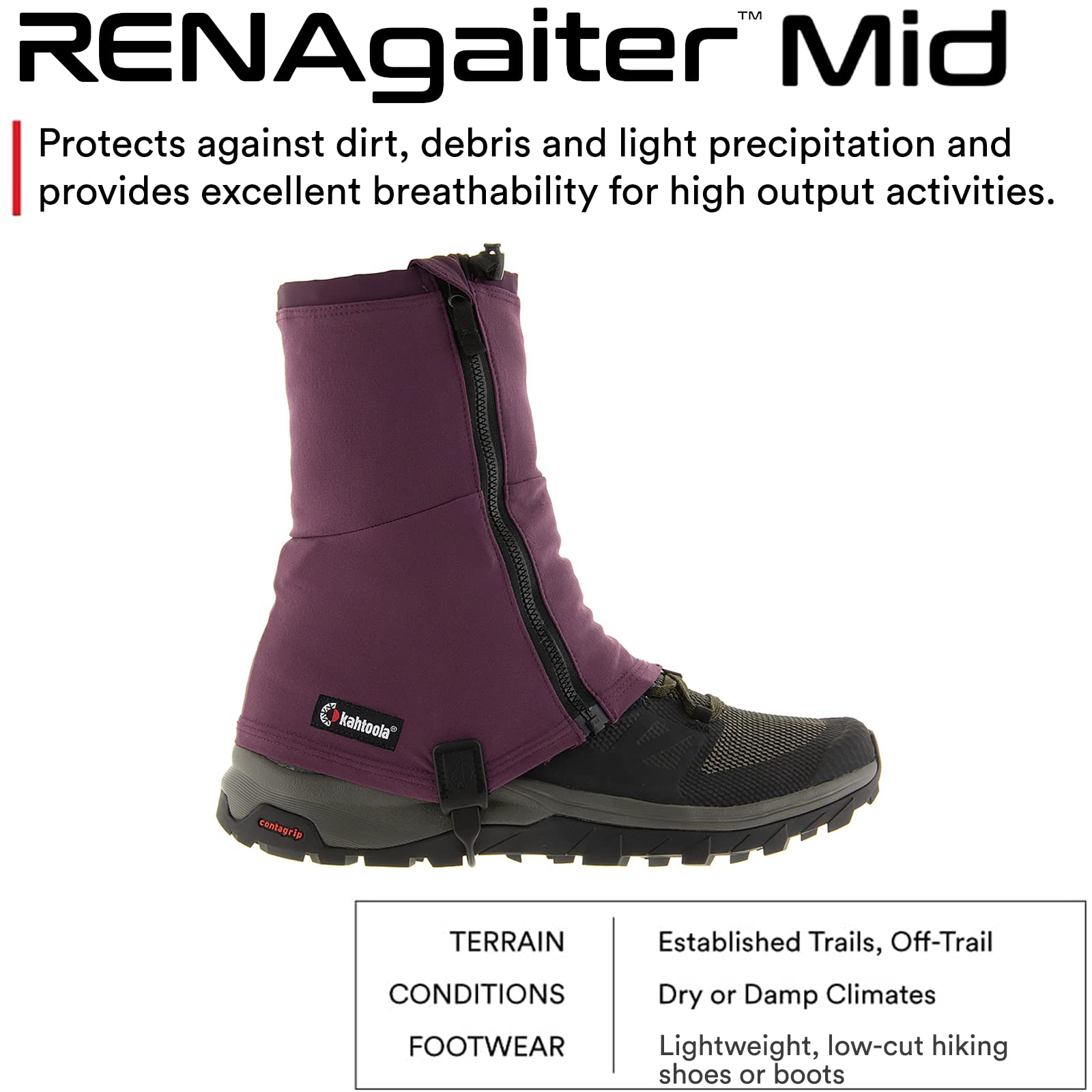 Kahtoola RENAgaiter Mid Height I Durable Gaiters for Hiking and Snow Shoe - Plum - Small|Medium