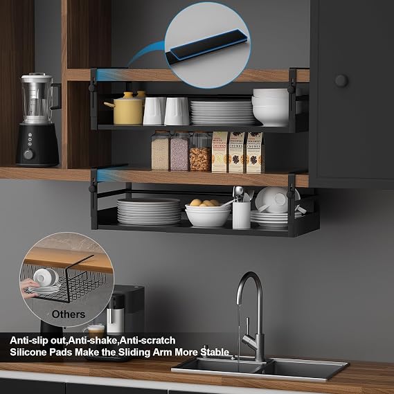 AmonHouseware 2Pack Expandable Under Shelf Storage Basket Organizer,Black