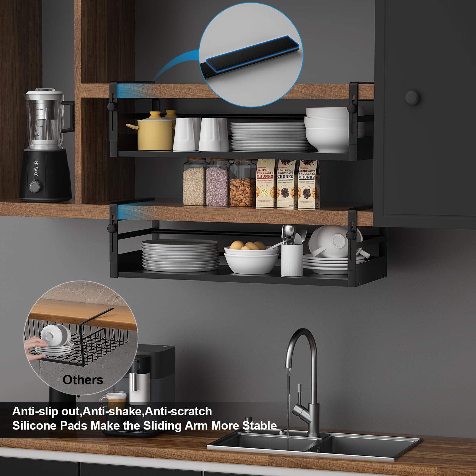 AmonHouseware Regalkorb-Organizer, verstellbar, unter dem Schrank, Hängeregal, Länge dehnbar, 33-53 cm, für Küche, Speisekammer, Schreibtisch, Theke, Bücherregal, Schrank, Schwarz, 2 Stück