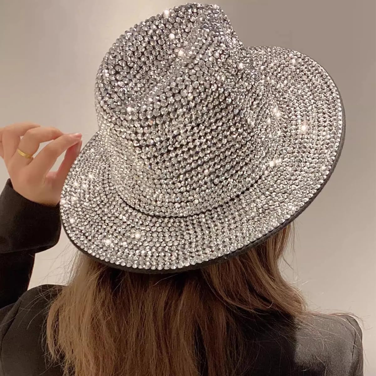 Queenbox Glitter Rhinestone Cowboy Hat, Sequin Fedora Cap for Stage Show Wedding Music Cosplay Party, Blue