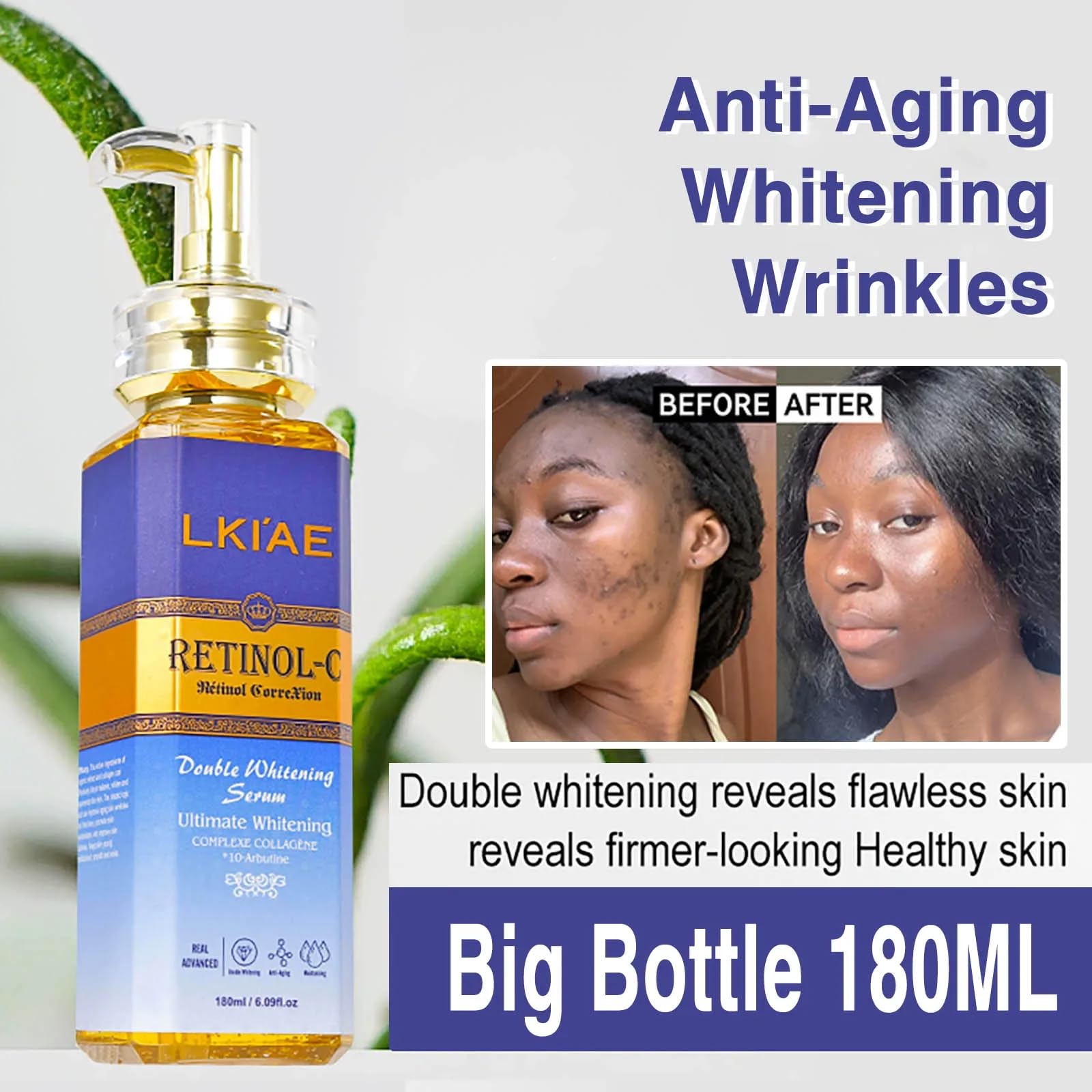 LKIAE Ultimate - Siero viso e corpo al retinolo doppio sbiancante, riduce rughe e macchie scure, idratante, nutriente, anti-invecchiamento, con collagene, estratto di lumaca, 180 ml (confezione da 3)