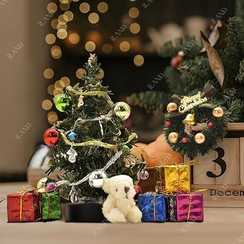 Miniatura 2 de iLAND Accesorios de casa de muñecas para decoración de Navidad, árbol de Navidad en miniatura brillante con regalos para puerta de elfo y puerta de
