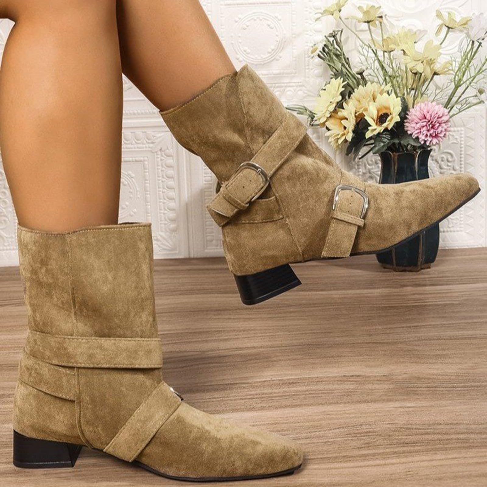 Cocila Botas Vaqueras De Pasos Con Hebilla Cinturón Y Tacón Grueso, Mangas Para Otoño E Invierno. Negras Altas Mujer Planas Botines Piel Marron Marrones Tacon Fino Planos Casual Zapatos