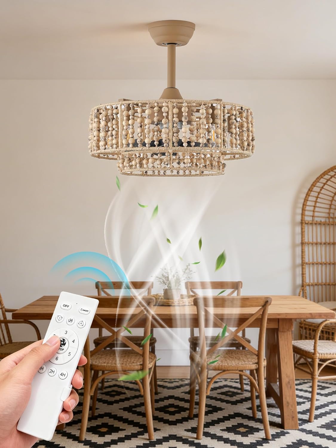 Boho Caged Ceiling Fan with Light,20" Fandelier Bladeless Ceiling Fans with Lights and Remote,Flush Mount Wood Beaded with 6 Speeds for Bedroom Dining Room Kitchen