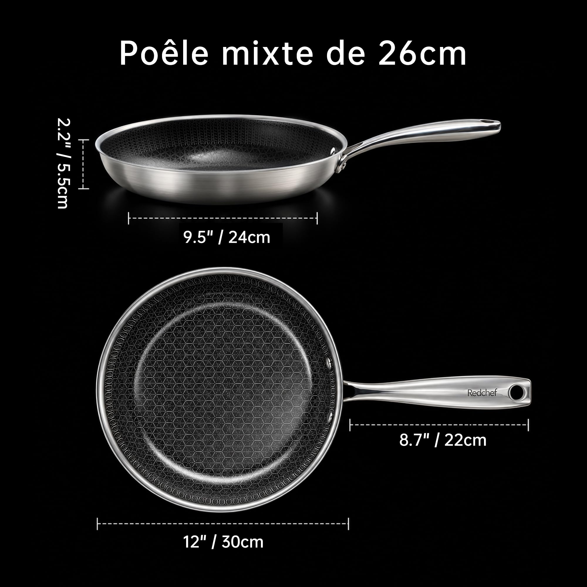 Redchef Poêle hybride en céramique avec poignée thermo-isolante – Compatible lave-vaisselle et four, induction, acier inoxydable triple épaisseur et aluminium – Tous feux (26 cm)