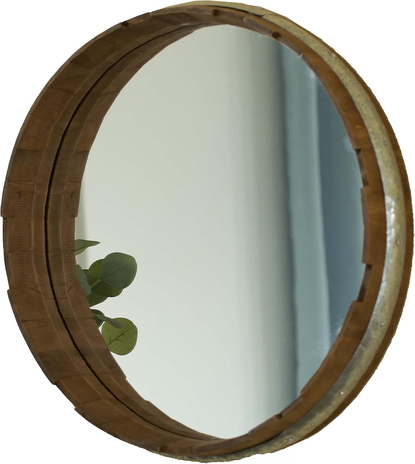 Vintiquewise Round Rustic Wood and Galvanized Metal Framed Wine Barrel Shaped Wall Mirror