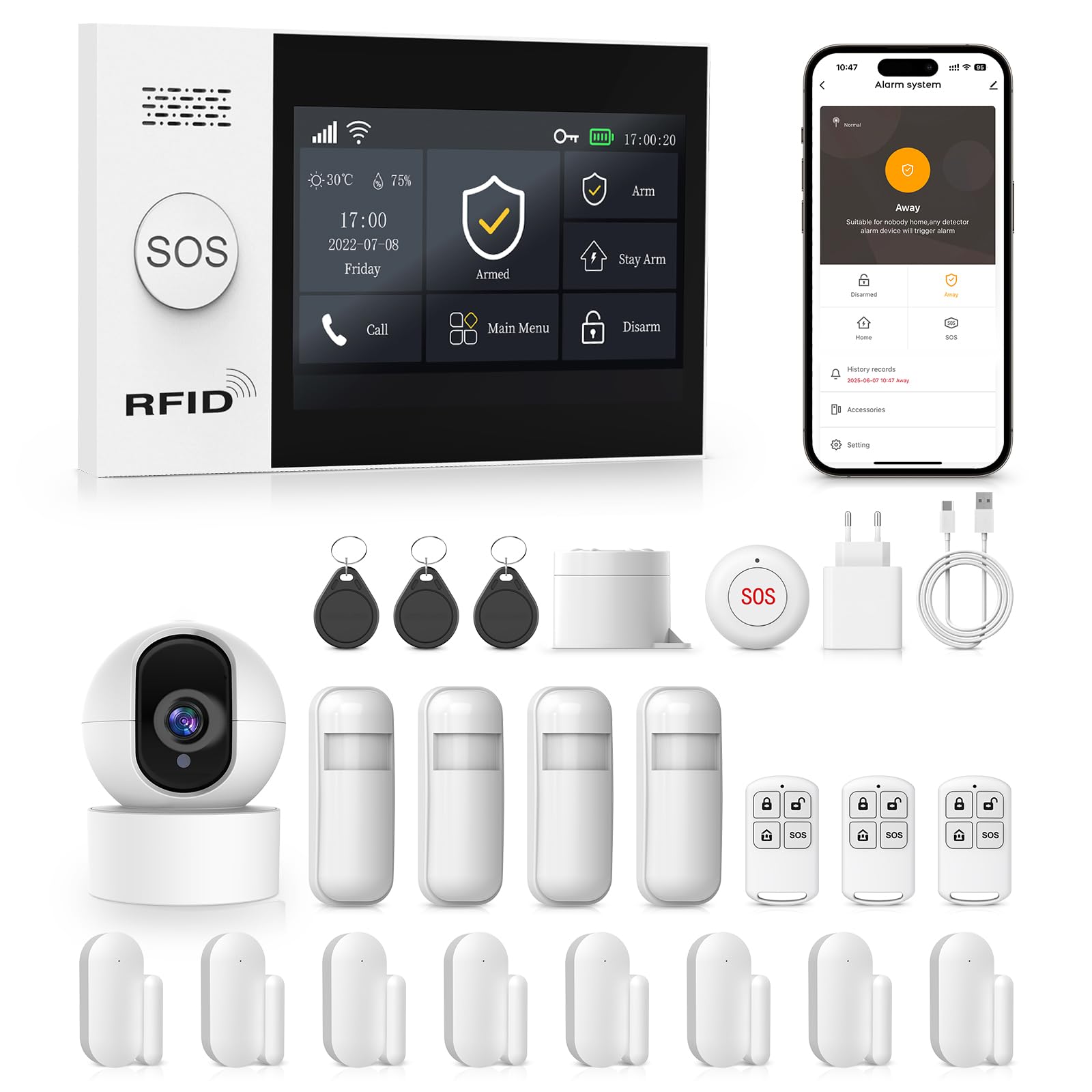Système d'alarme Maison sans Fil 4G avec Camera,Alarme Maison Wi-FI avec Contrôle APP, Détecteur de Mouvement, Télécommandes, Capteurs de Fenêtre et de Porte, Sirène, Compatible avec Alexa, Google