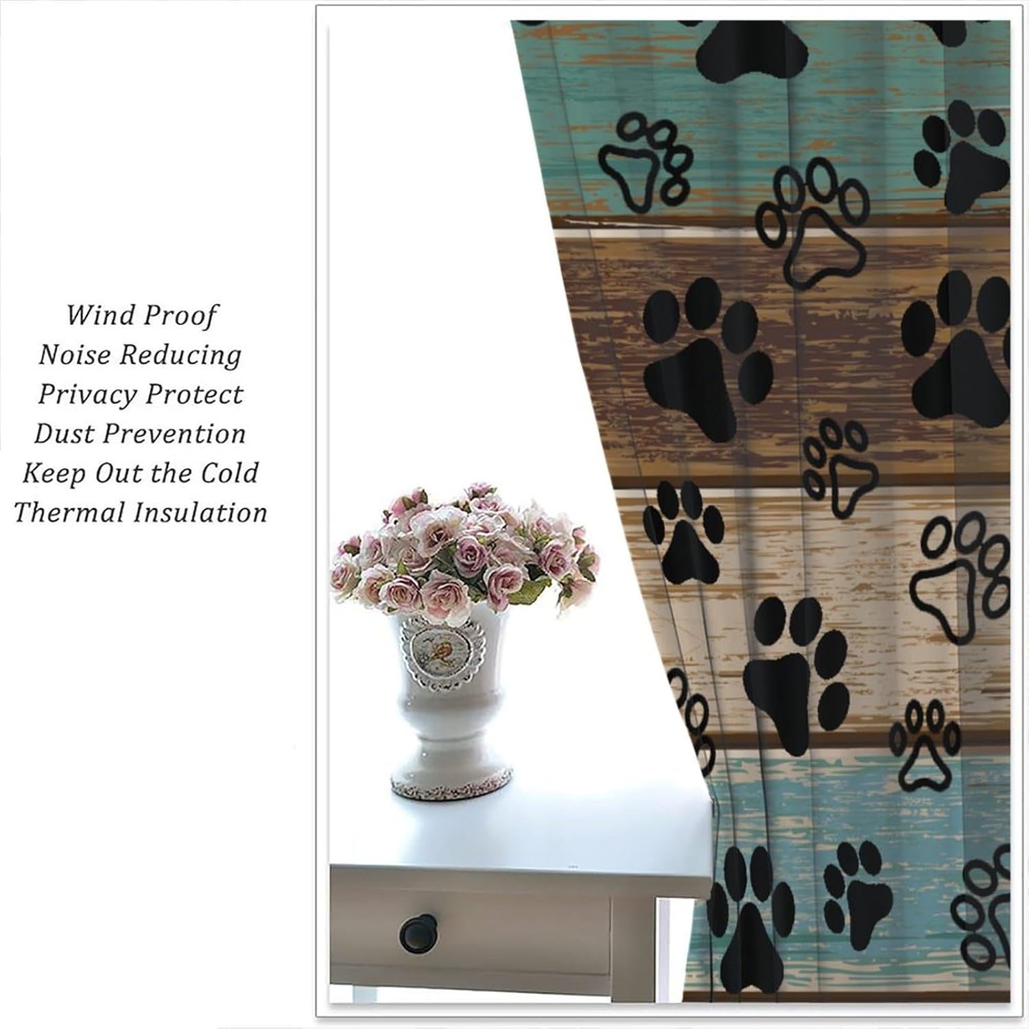 Dog Paws Prints Blackout Curtain, Rustic Turquoise Semi, Teal Wood Puppy Paws for Home Kitchen Livingroom Coffee Room Window Curtain 2Panel 42" W X 45" L