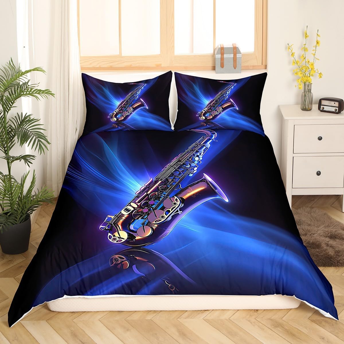 Feelyou Classic Music Bedding Set Cool Saxophone Duvet Cover for Kids Boys Girls Jazz Funky Design Comforter Cover Musical Instrument Blue Bedspread Cover Bedroom Collection 2Pcs Twin Size