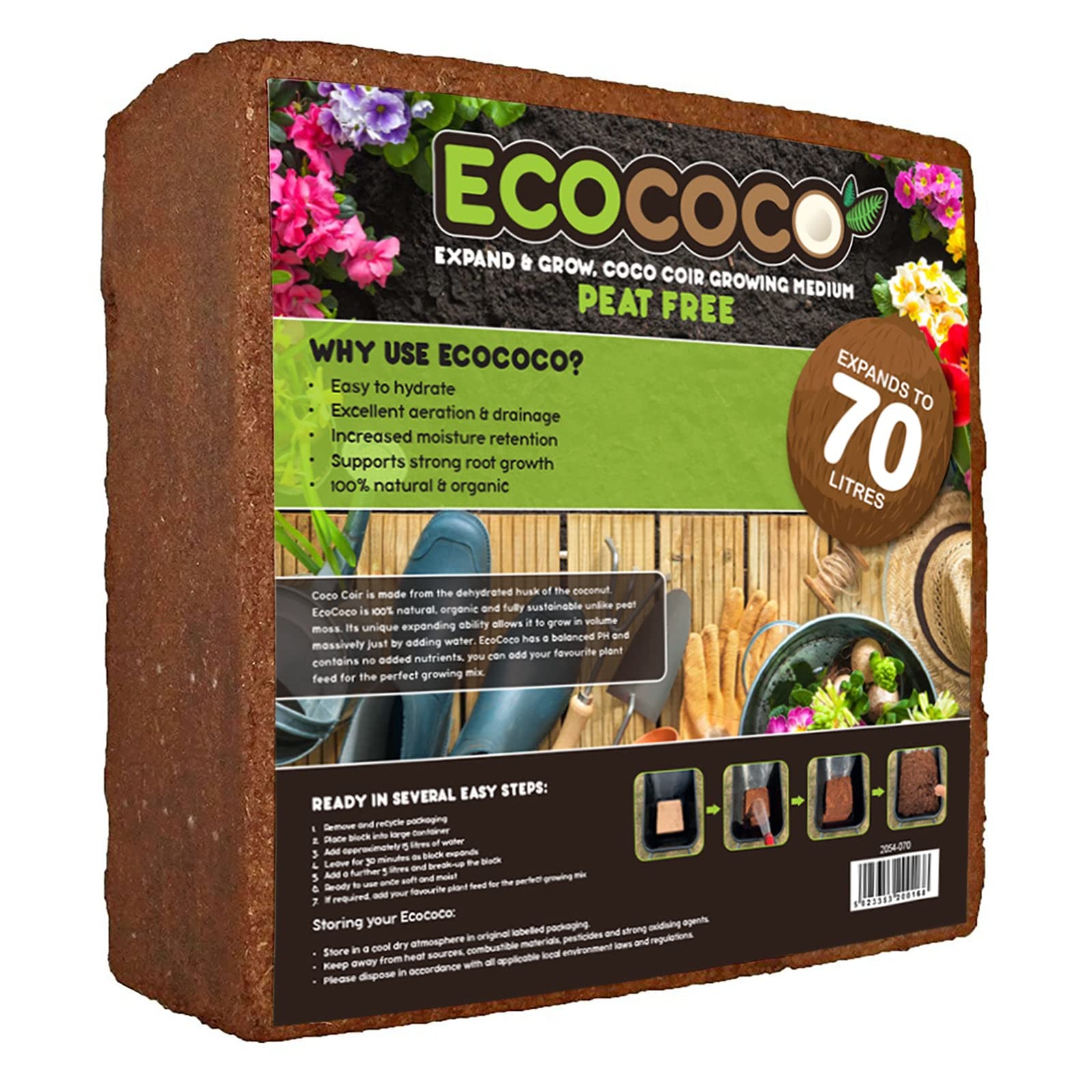 ECOCOCO Coco Coir Peat Free Organic 5kg Blocks 70 Litres Multi Purpose Premium Compost - 1 Block
