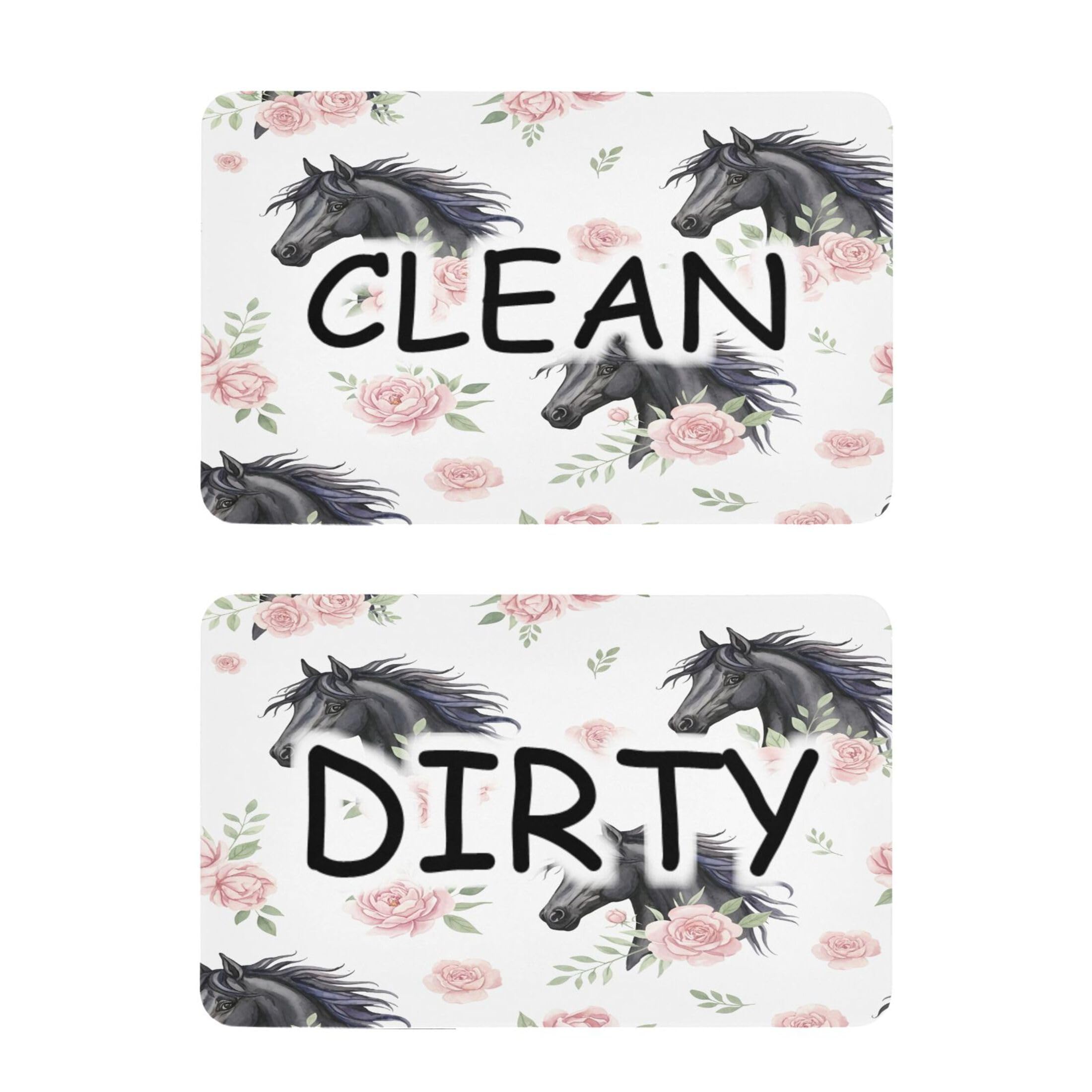 Kutsu Dishwasher Magnet Clean Dirty Sign Indicator, Horses Flowers Fridge Magnet, Easy to Read, 2 Pack