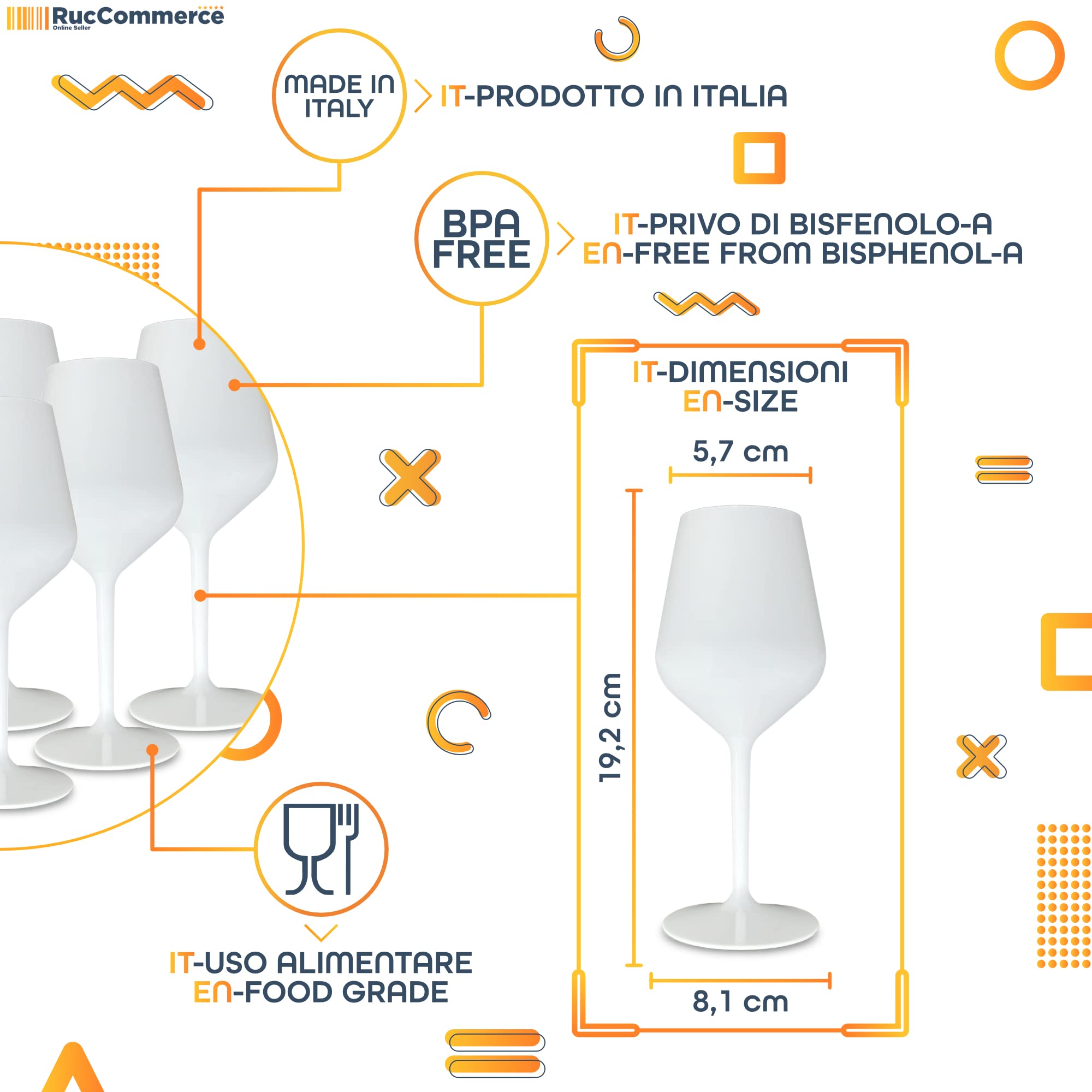WUITOKI Calici bianchi in plastica, set da 4, 51cl, lavabili in lavastoviglie, infrangibili, privo di BPA