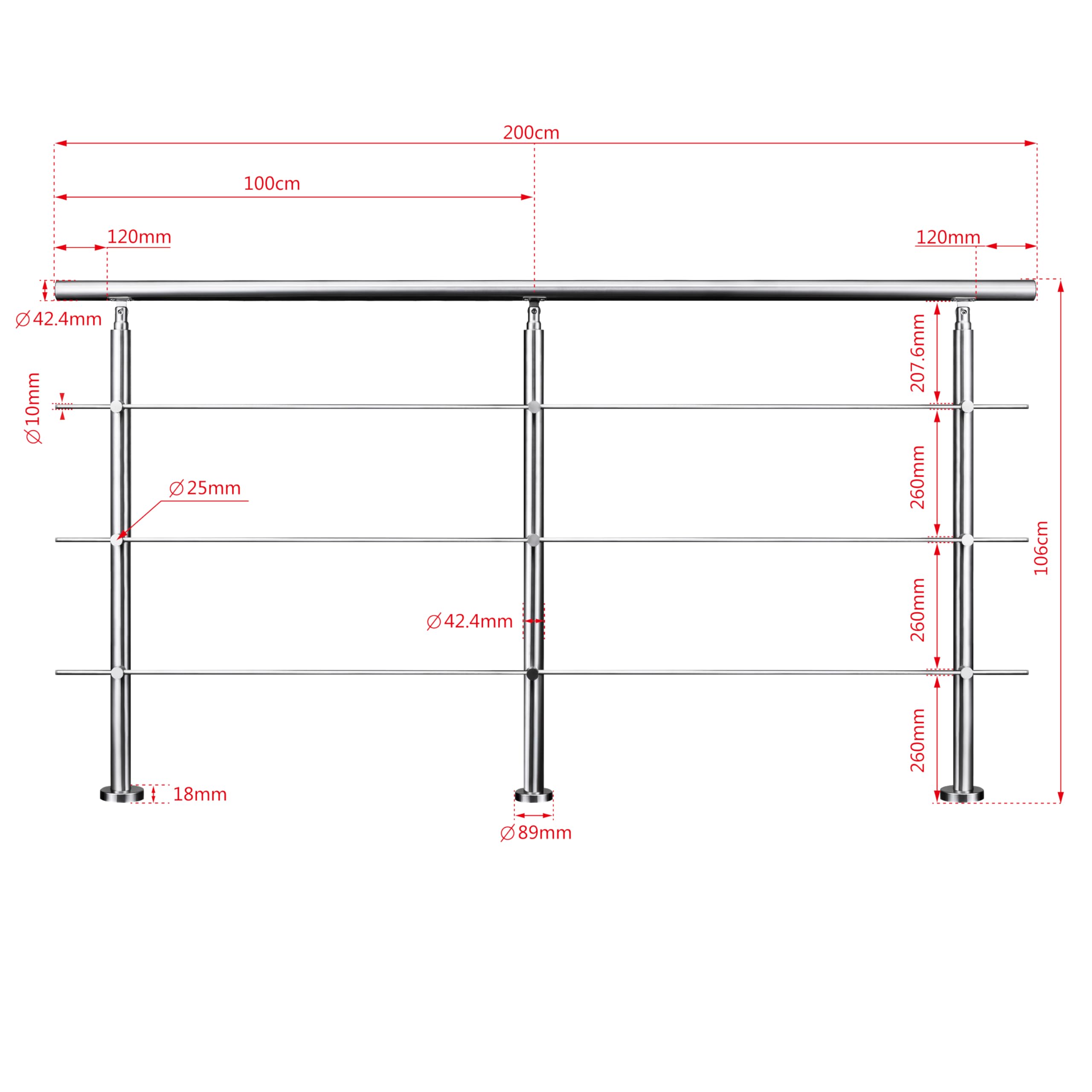 AICA Barandilla de escalera de acero inoxidable - pasamanos de escalera para interior y exterior escaleras, parapeto, balcón (200 cm 3 barras transversales ）