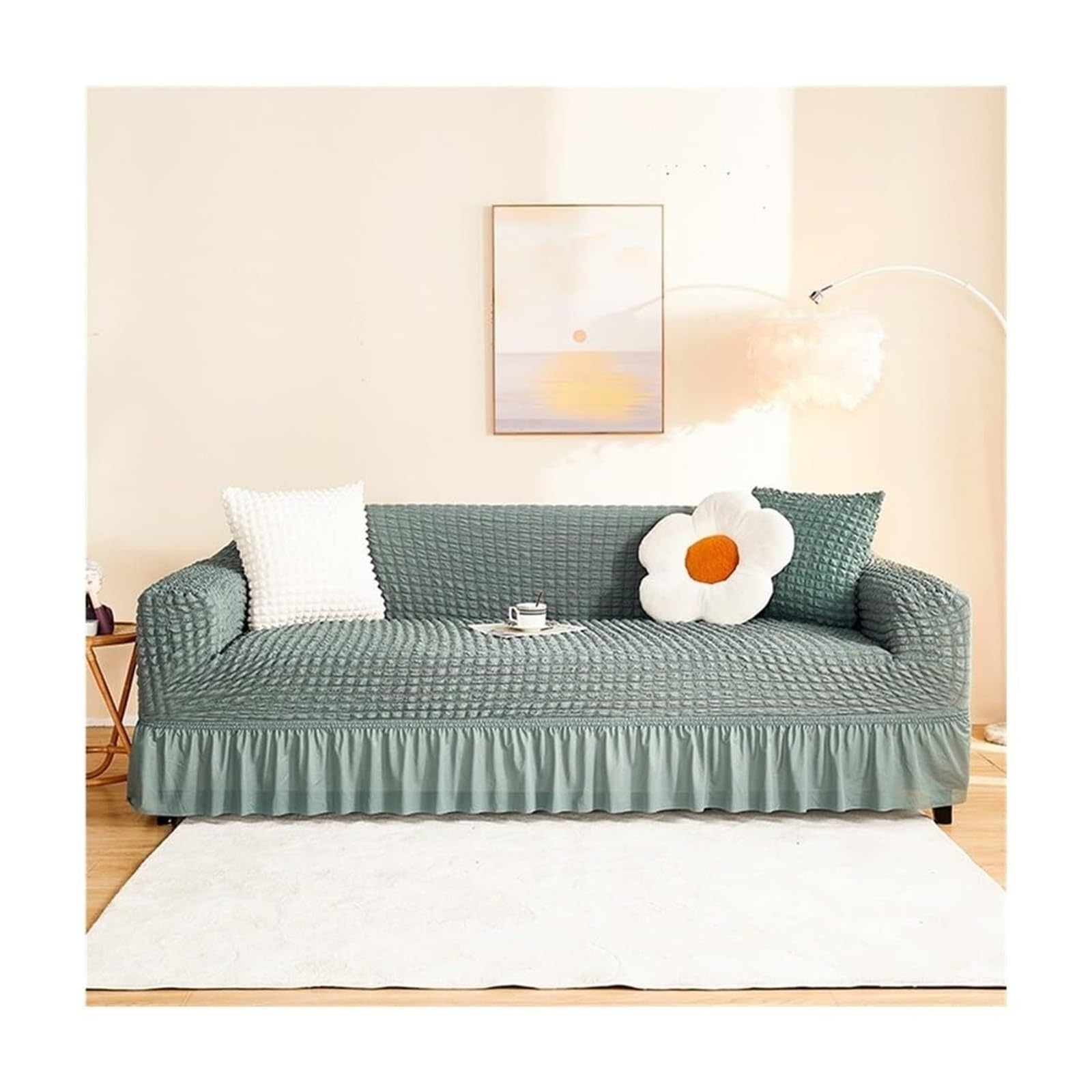 BEIWOSHA Seersucker Sofa Slipcover With Elastic Bottom And Ruffle Skirt, Washable Couch Covers High Stretch Furniture Slipcovers(9,2 seaters(145-185cm))