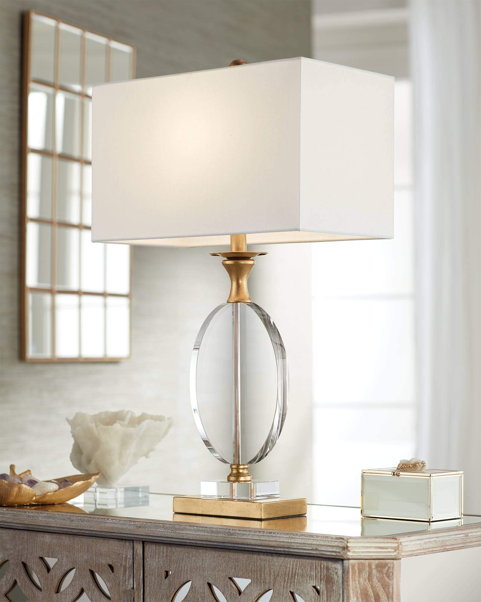 Valerie Modern Glam Luxury Table Lamp 28" Tall Gold Clear Crystal Glass White Fabric Rectangular Shade for Living Room Bedroom House Bedside Nightstand Home Office Family