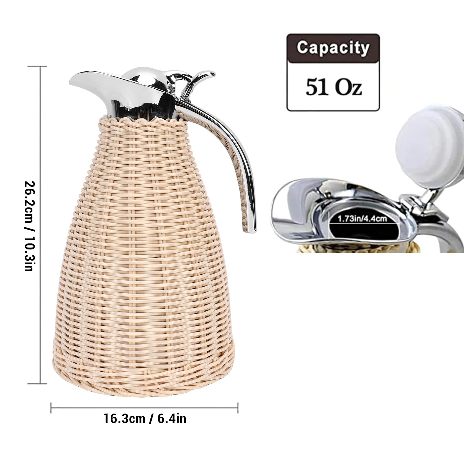 SIXRUN Carafe Tossicola Termica in Acciaio Inossidabile in Acciaio Inossidabile Intrecciato, 1,5 Litri di Brocca Isolata a Parete, Calore di 12 Ore, Fidelizzazione a Freddo 24 Ore, (Beige)