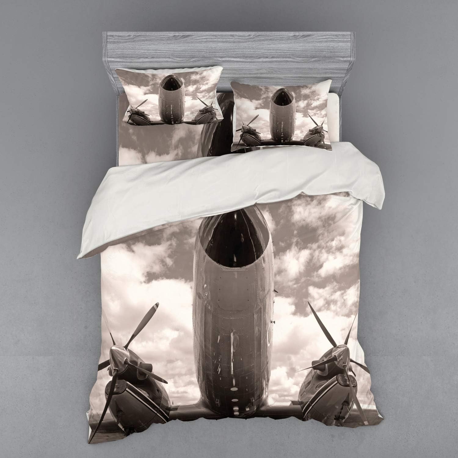 Ambesonne Vintage Airplane Duvet Cover Set, Turboprop Airplane Nose Close up View and Cloudy Sky Aviation Historic, 4 Piece Bedding Set with Shams and Fitted Sheet, Queen Size, Sepia White