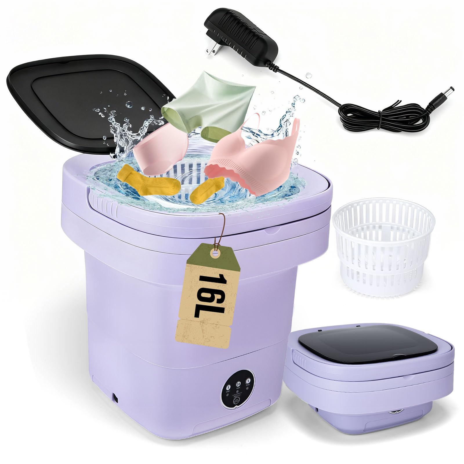 Mini Washing Machine 16L Portable Washer Foldable Small Washing Machine - 3 Cleaning Modes with Spin Dryer Basket for Underwear, Socks, Baby Clothes - Ideal for Apartment, Dorm, RV & Travel
