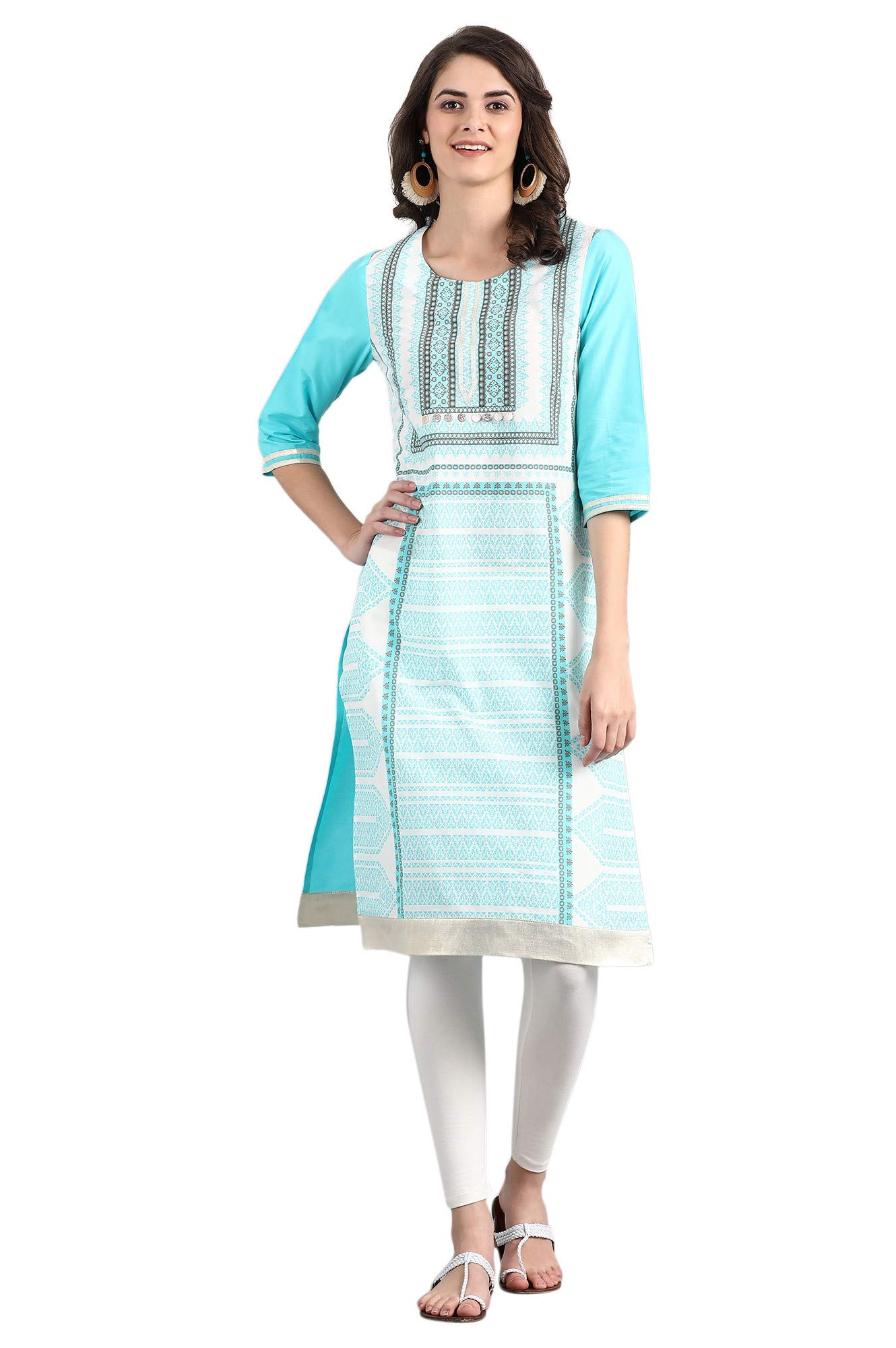 W for Woman W Women Yellow Round Neck Printed Kurta (19FEW17852L-51285)