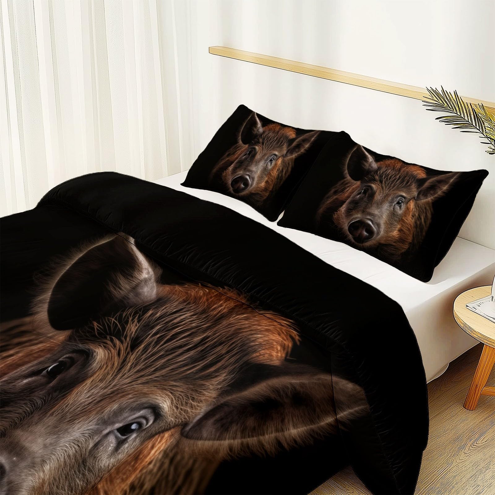 Copripiumino 220 x 240 cm 3 Pezzi in Cinghiale, documentario sul tono scuro con Chiusura e Federa copripiumino in microfibra Set di Biancheria da Letto di Stile Elegante, Marrone e nero