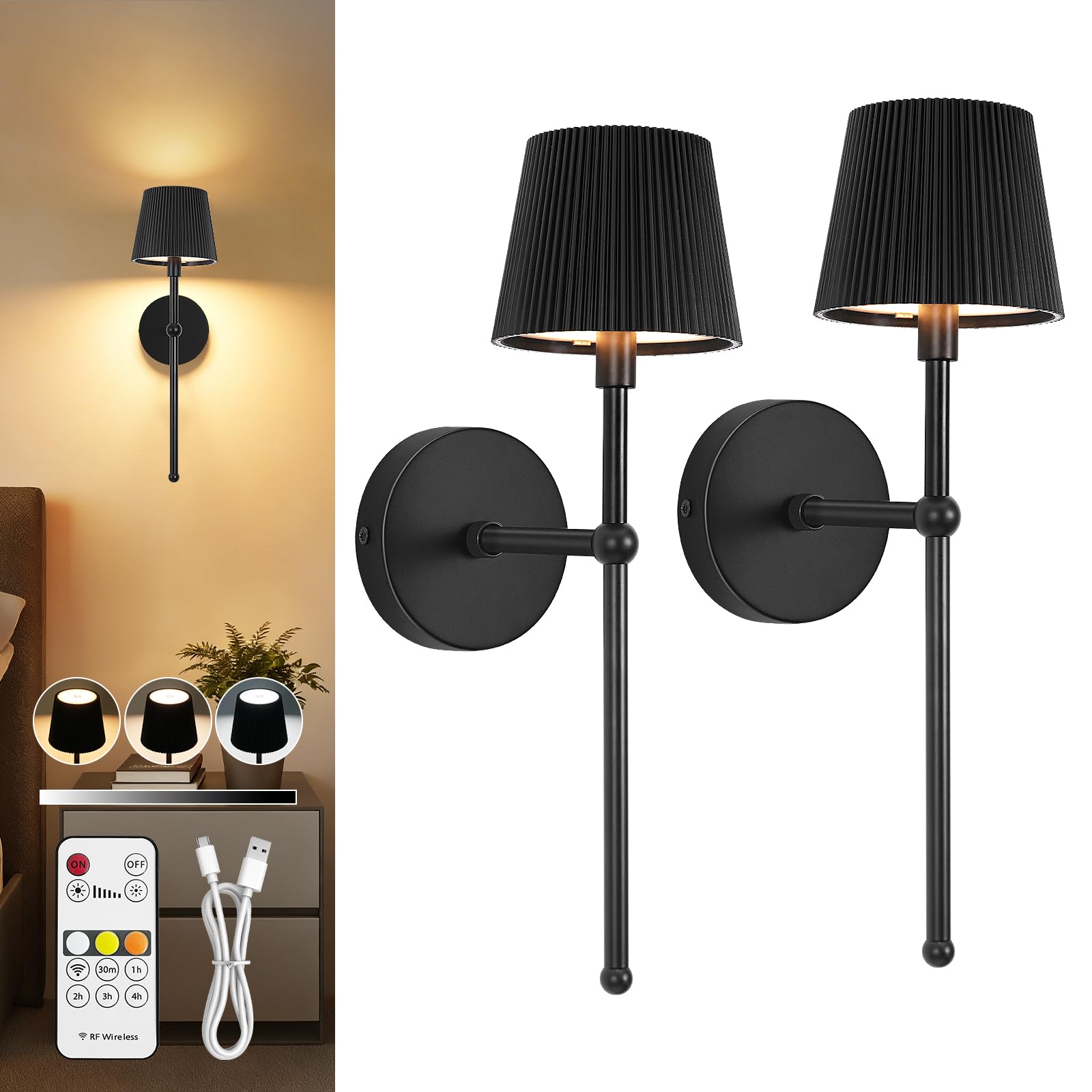 Dehobo Rechargeable Wall Lights Set of 2, Battery Operated Wall Lights with 3 Color Temperature, Striped Dimmable 5200mAh Wireless Wall Sconces Indoor for Living Room, Bedroom, Dining, Hallway, Black