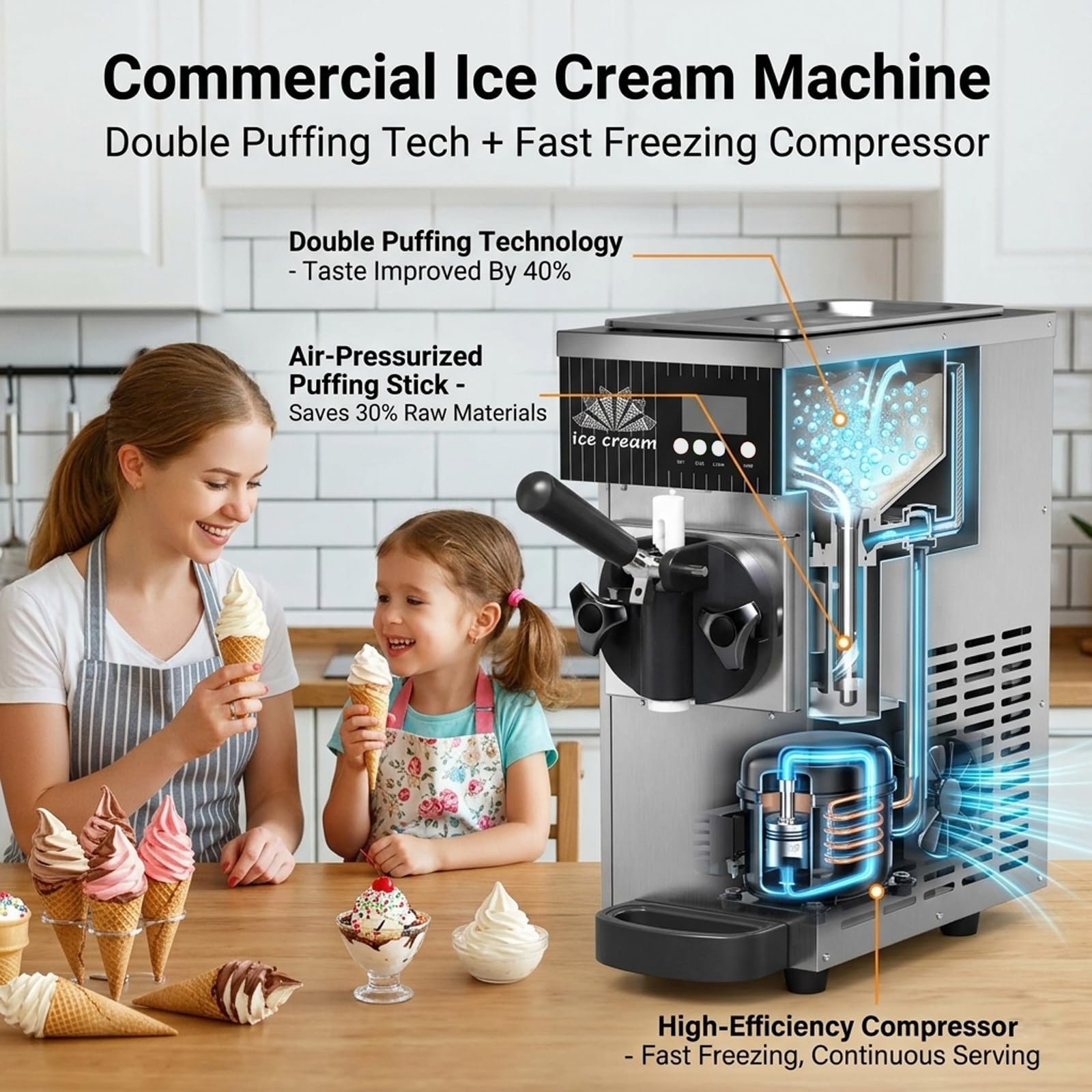 Macchina Gelato Soft Commerciale 450W 1 Gusto, Macchina da Banco, 4-8kg/H, Tramoggia 2,5L, Display LCD, Autopulizia, per Ristoranti e Gelaterie Purple-220V