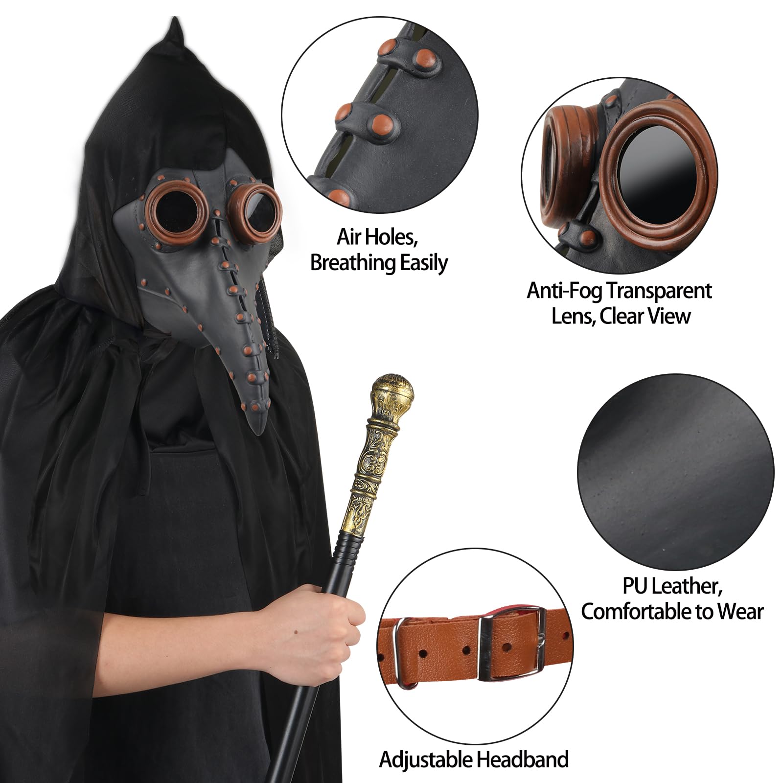 Lifreer Halloween Cosplay Costume Set, Plague Doctor Mask with Long Nose Beak, Black Gloves, Hooded Cloak, Full Face Mask - Image 3