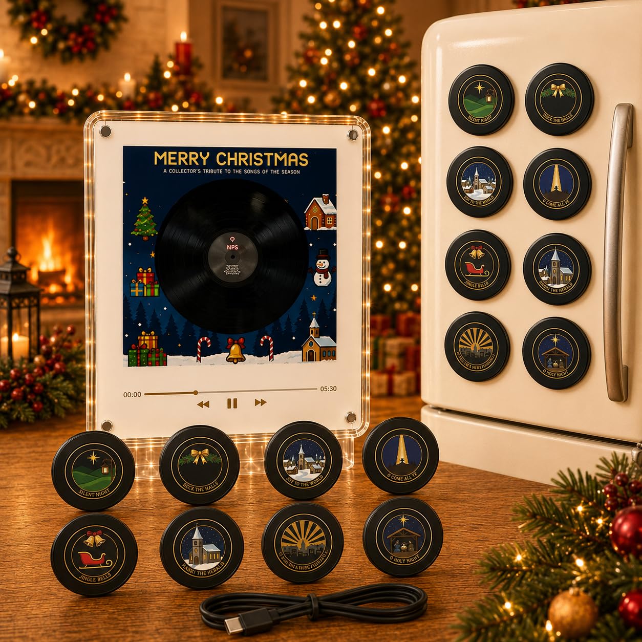 Christmas Vinyl Player Fridge Record Magnet Music Player Set,Mini Vinyl Record Player with 9 NFC Discs and LED Acrylic Frame,Magnetic Music Box Refrigerator Jingle Magnet for Christmas Decor Gift