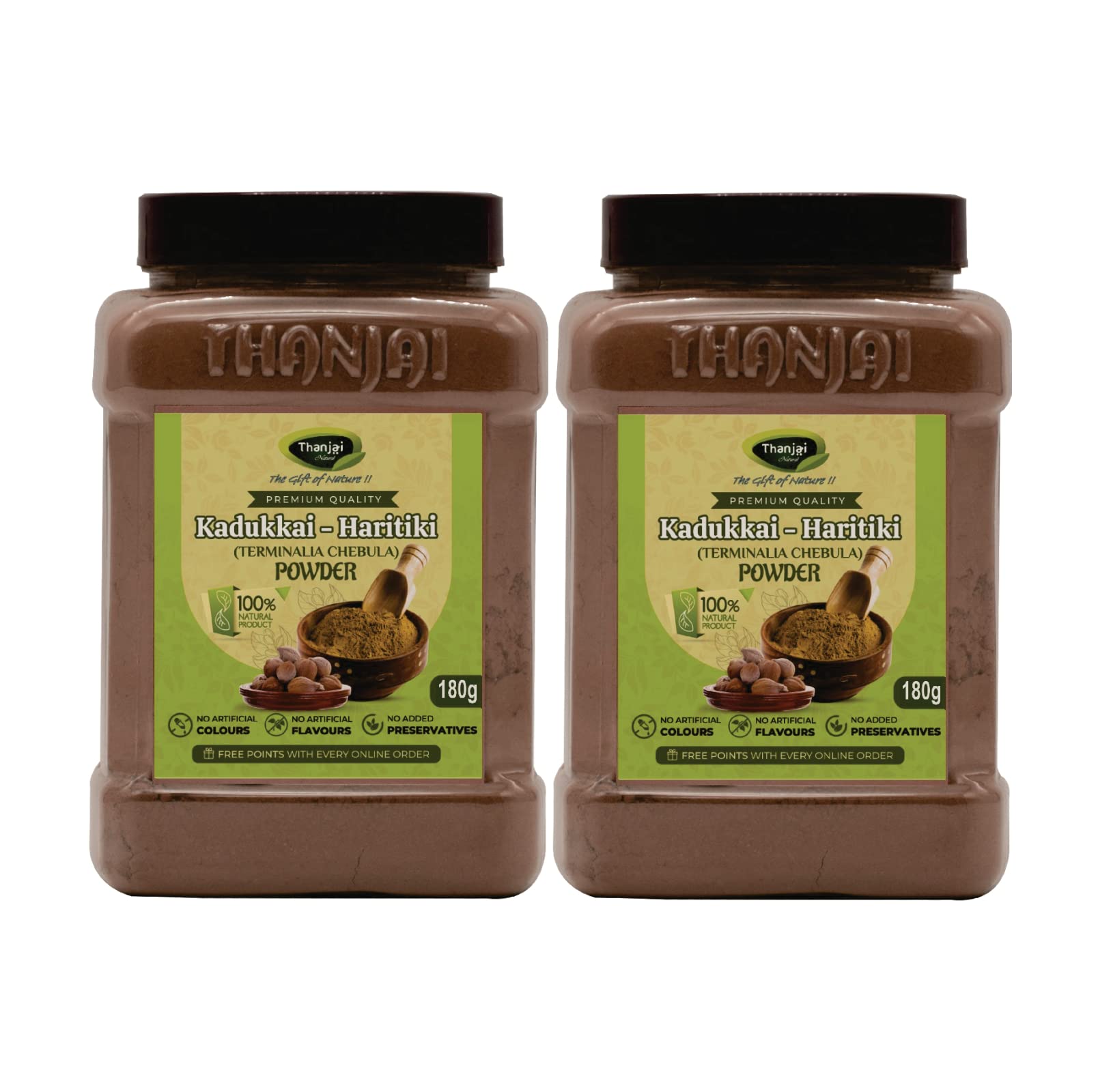 Thanjai Natural Kadukkai Powder (180g x 2 Jar) /Haritaki Powder/Terminalia Chebula Powder (360g)