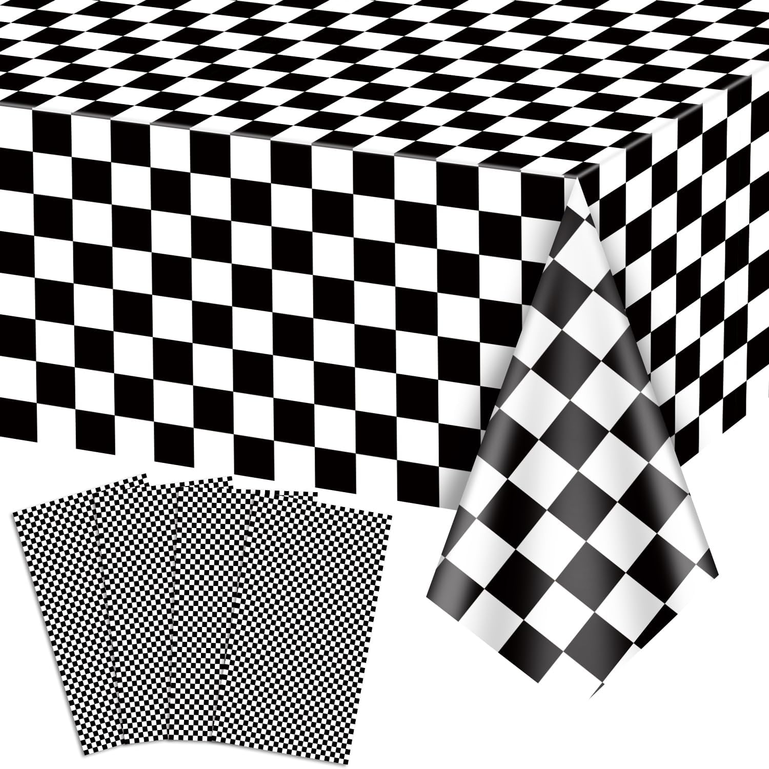 4 Pcs Race Car Tablecloths, Black and White Checkered Flag Tablecover Racing Car Birthday Party Supplies for Kids Boy Car Theme Birthday Party, Two Fast Birthday Party Decorations 51 X 86in