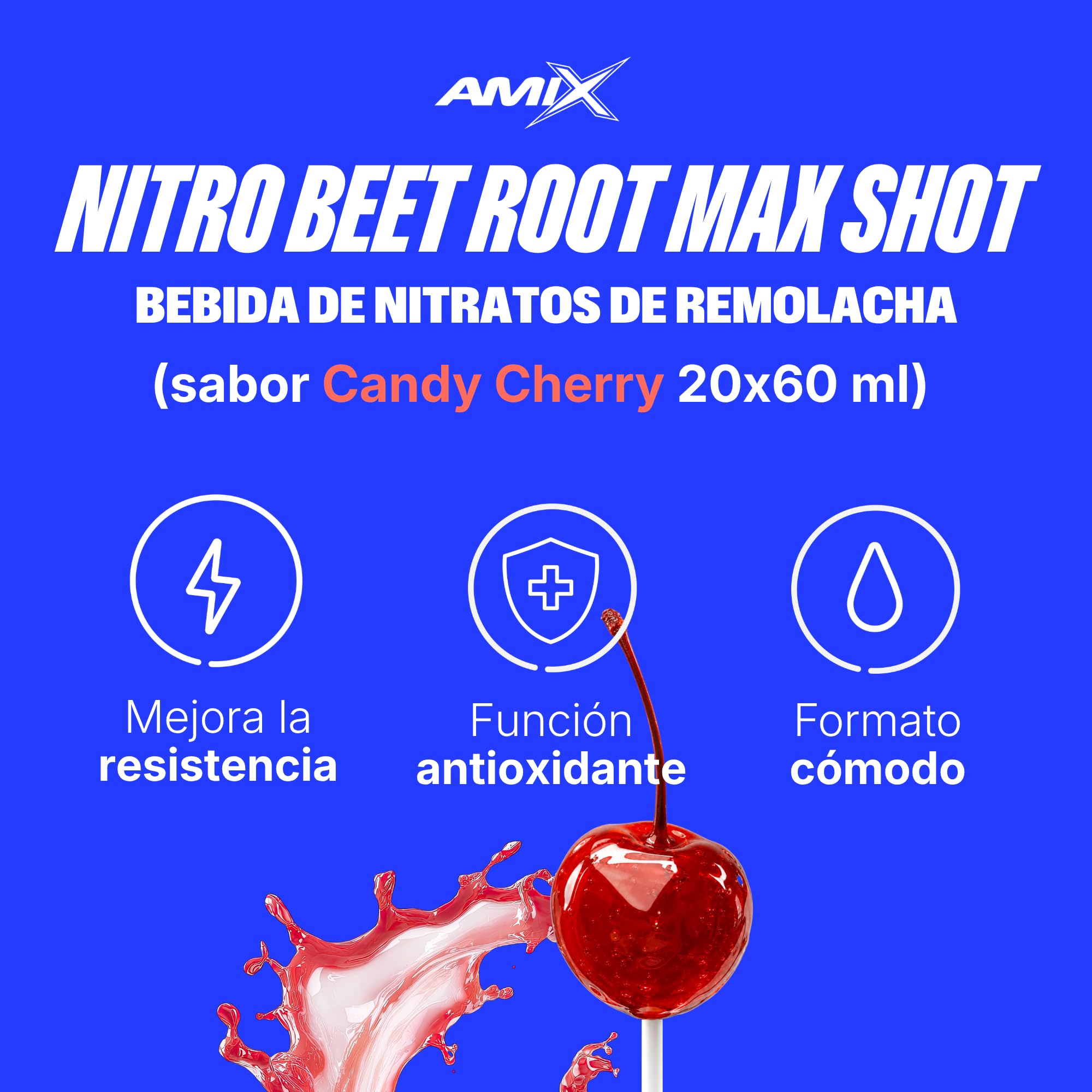 Amix Nitro Beet Root MAX – Sabor Cereza - 20 Shots de 60 ml – Concentrado de nitratos de remolacha y Oxystorm® – Con vitamina C – Formato líquido listo para tomar antes del entrenamiento