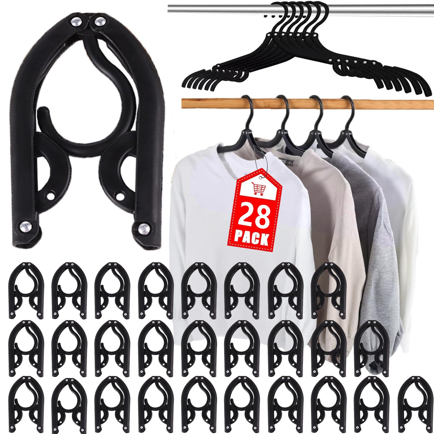 Kiswleon 28PCS Black Travel Hangers Foldable Lightweight,Travel Coat Hangers,Plastic Travel Hanger Foldable,Folding Coat Hanger for Travelling,Holiday,Camping