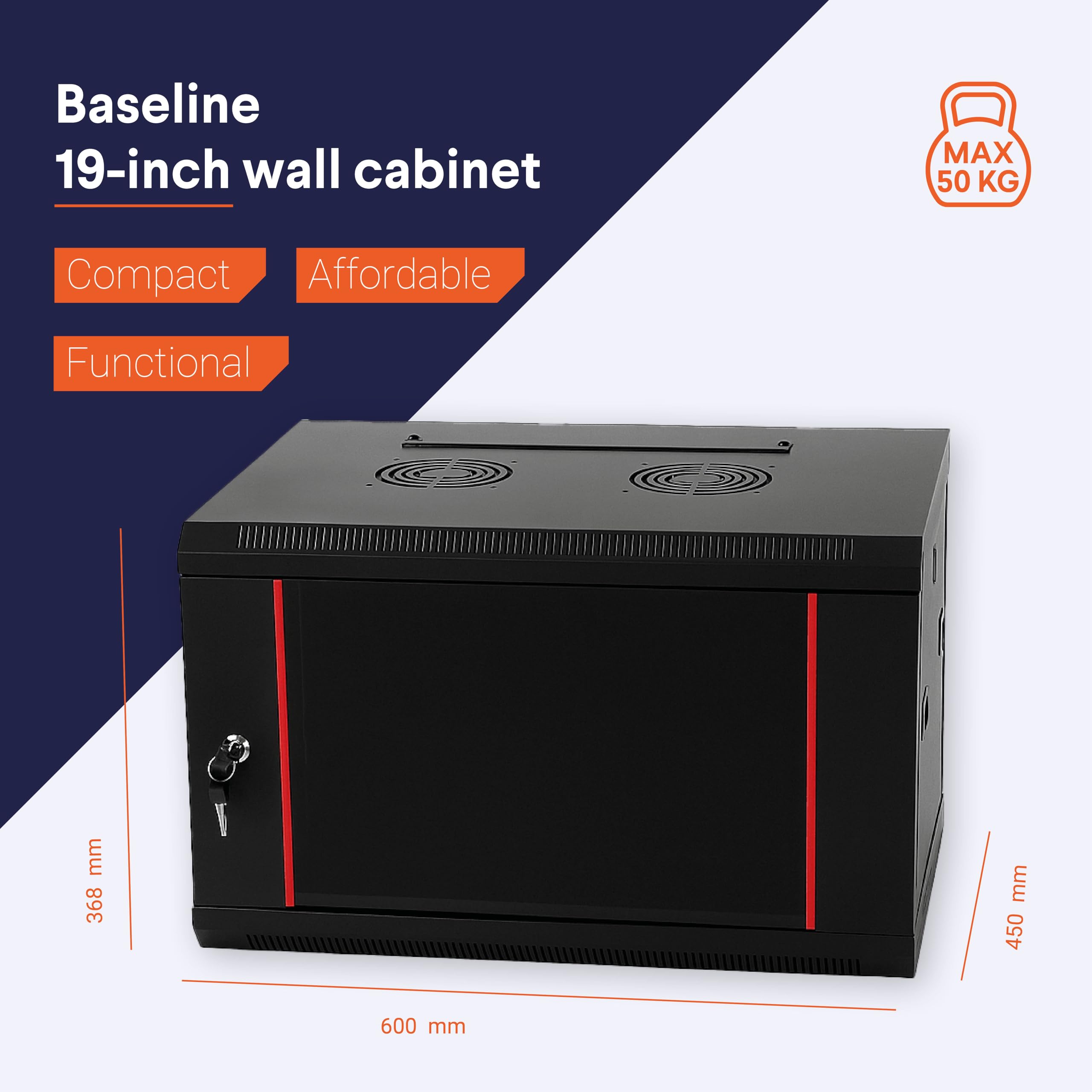 Baseline - Bahía informática (19 pulgadas, 6 U, con puerto de cristal, 600 x 450 x 368 mm, ancho x alto) - Negro - Carga admisible 50 kg - Montaje en pared, armario de servidor, caja de pared