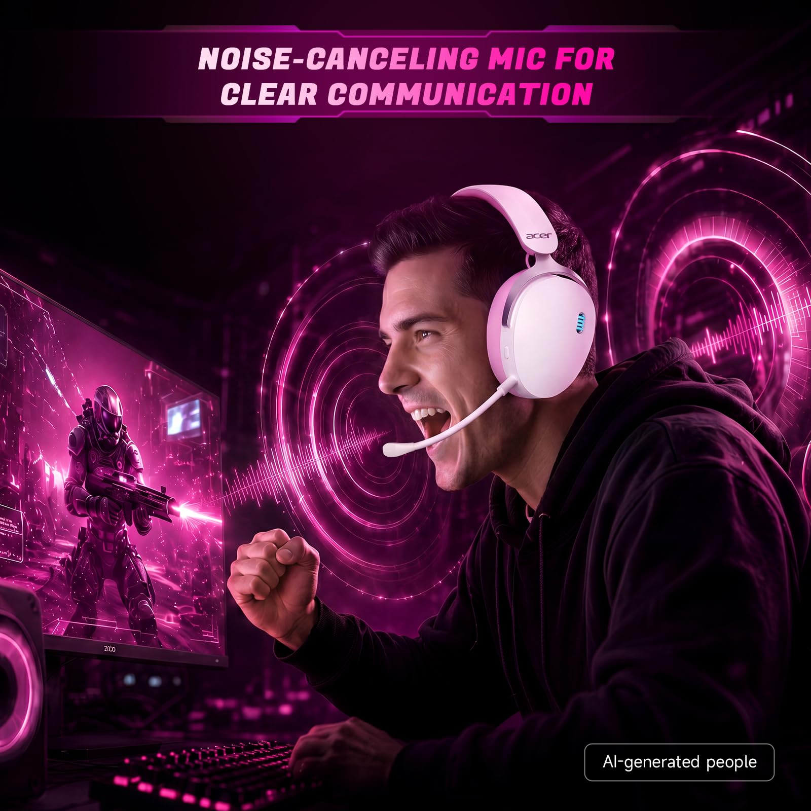 Acer Cuffie da gioco wireless da 2,4 GHz per PS5, PS4, PC, Switch, cuffie da gioco tri-mode con microfono a cancellazione del rumore, suono stereo, batteria 40+ore, driver da 50 mm - rosa-bianco