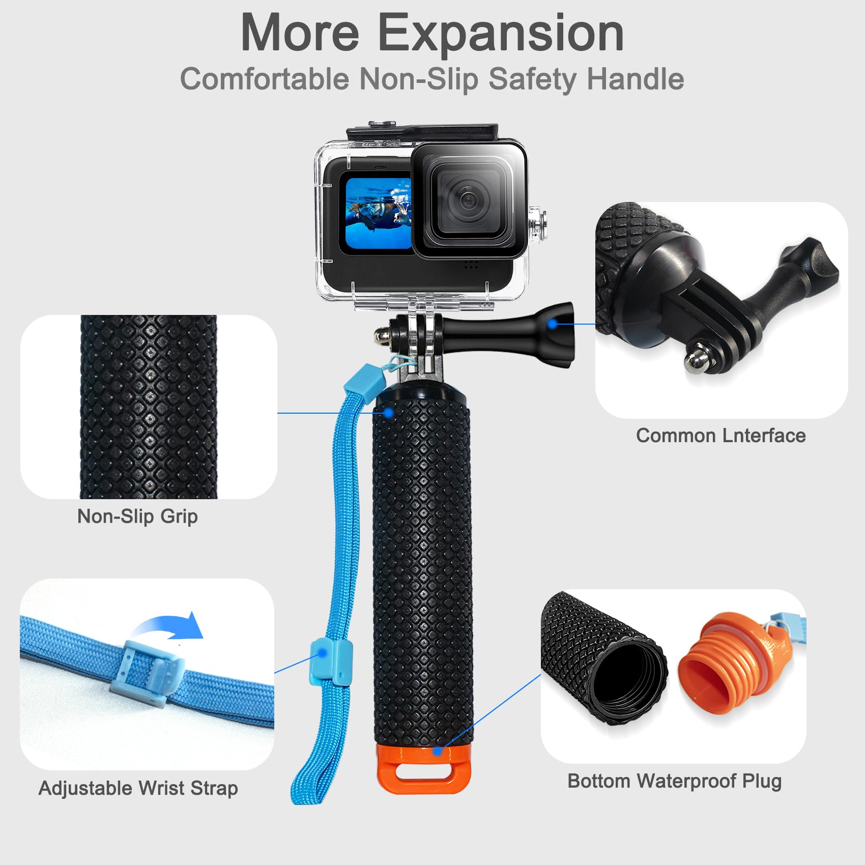 OKFUN Custodia impermeabile con 3 filtri per Go Pro Hero 13-10 nero, guscio protettivo subacqueo monopiede galleggiante impugnatura bastone action camera accessori