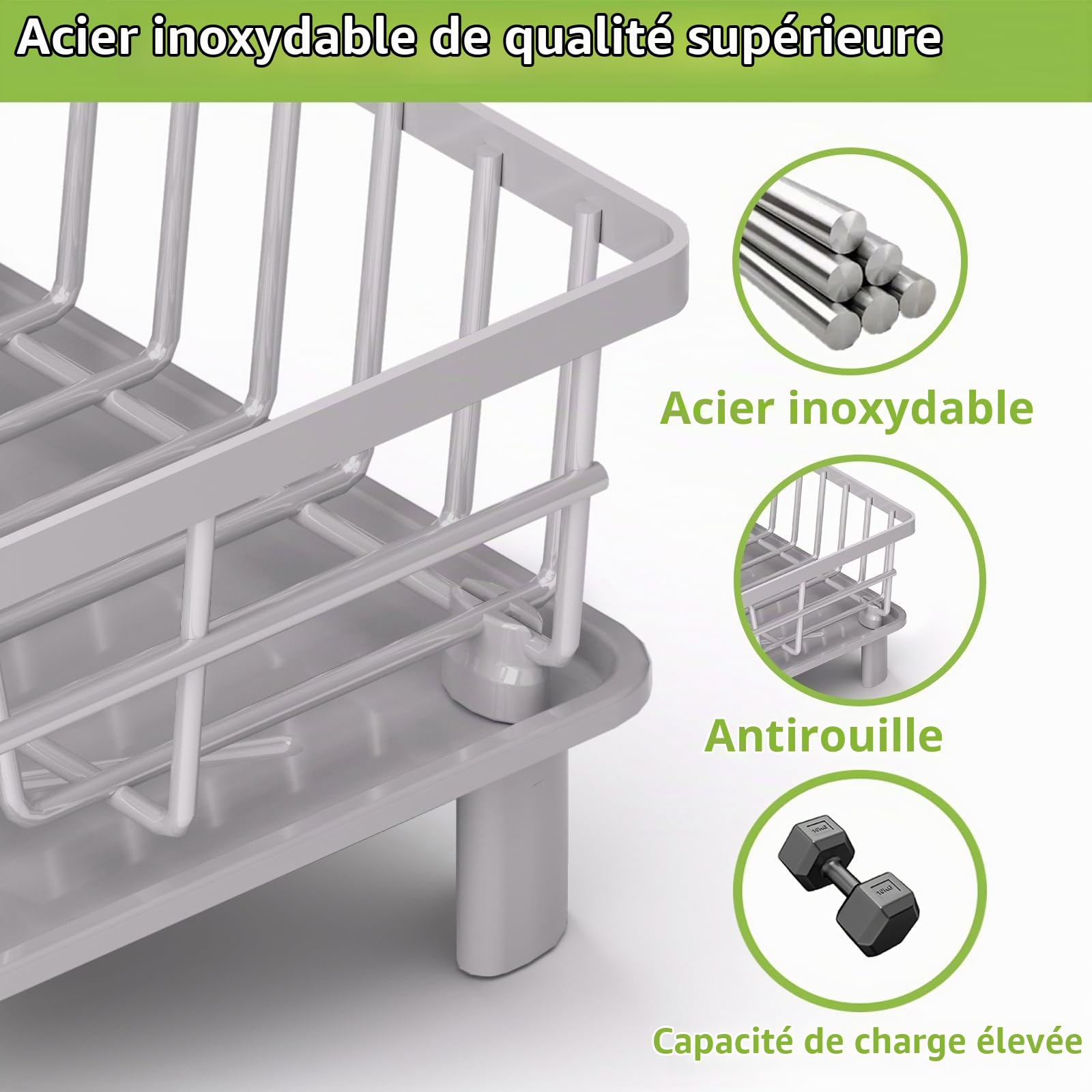 Egoutoire Vaisselle Cuisine,Égouttoir à Vaisselle en Acier Inoxydable avec Porte-Ustensiles,Egouttoir avec Plateau d'égouttage,Drainage Automatique,Rangement et Organisation de Cuisine