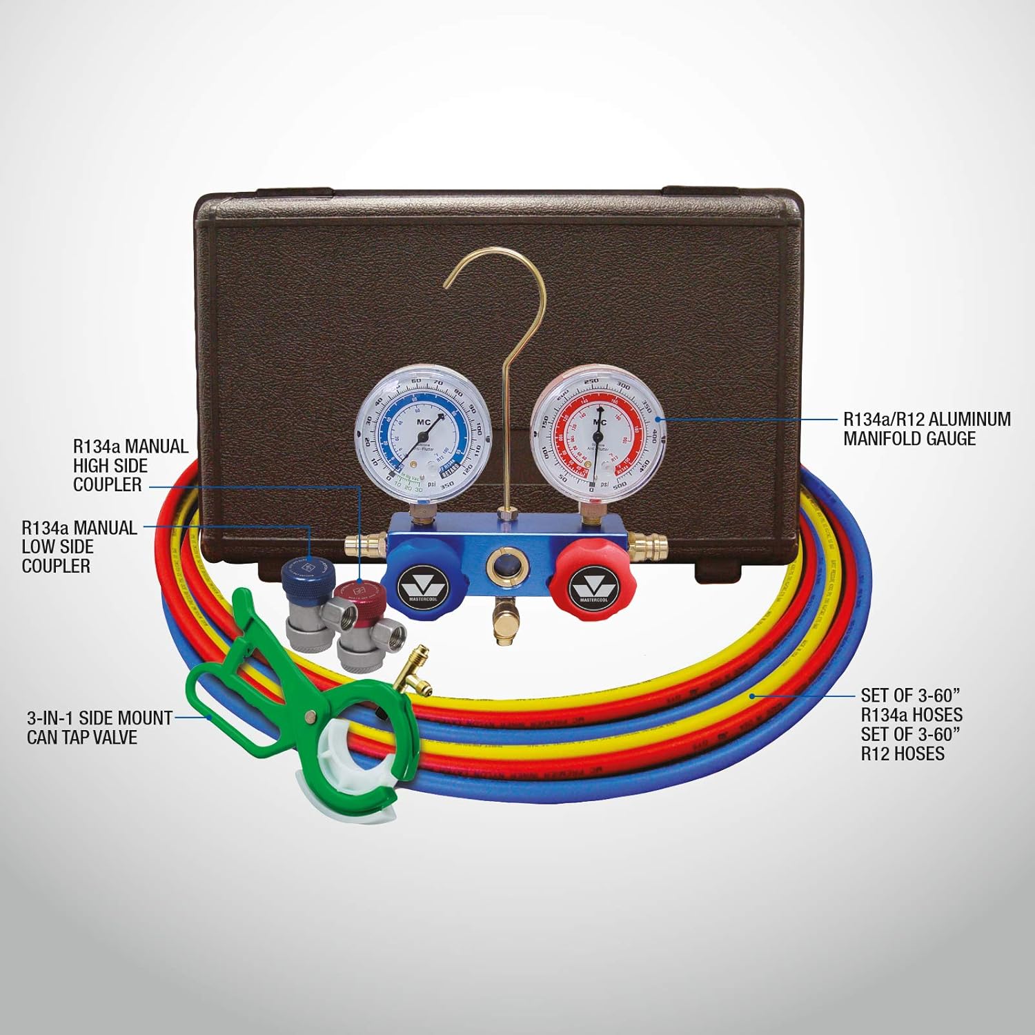 One-Day Sale: Up to 70% Off MASTERCOOL (98661-PRO Blue R134a and R12 Dual Manifold Gauge Set with 2 Sets 60 Hoses, Manual Couplers and Side Mount Can Tap Valve