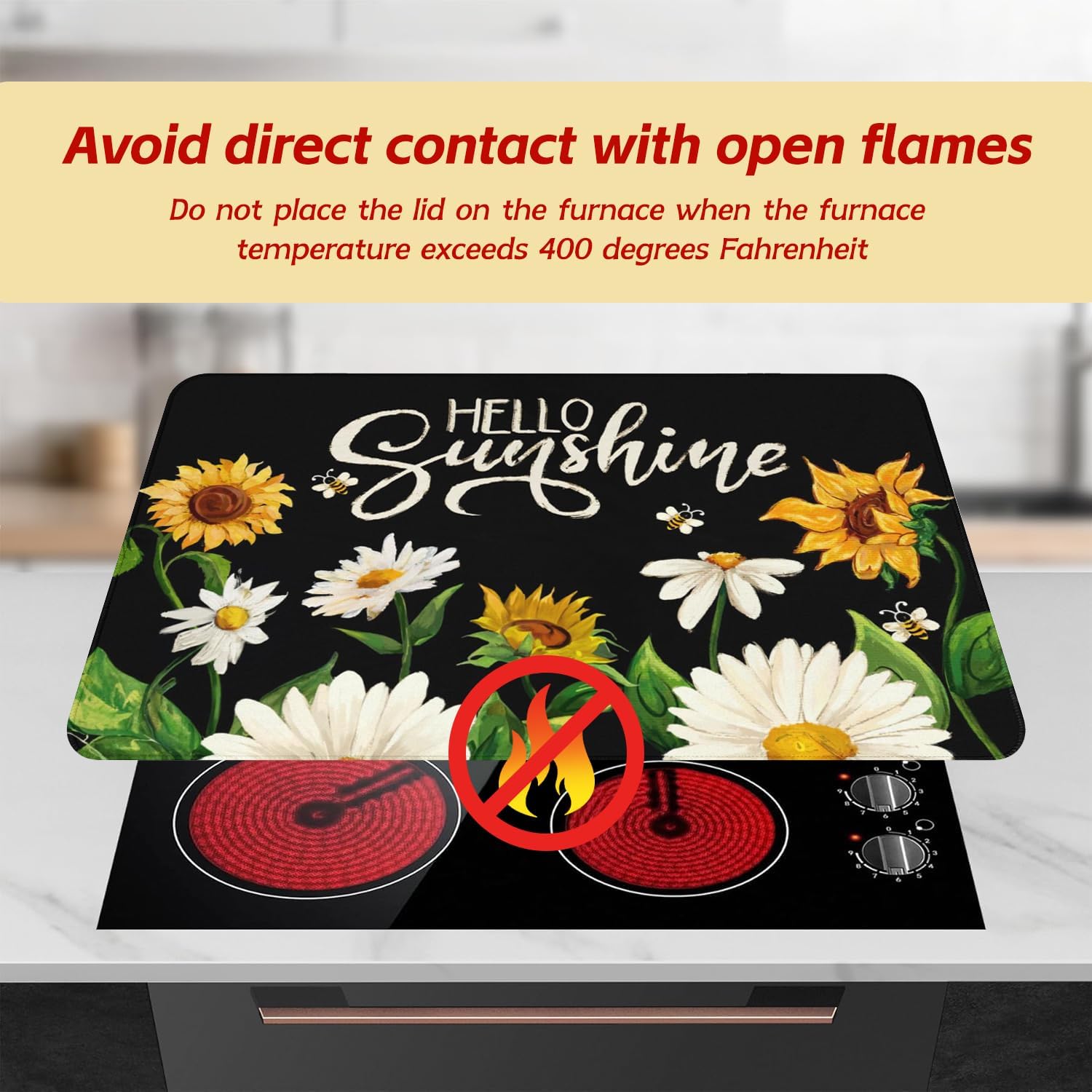 Spring Stove Top Cover for Electric Stoves,Black Daisy Sunflower Glass Stove Top Cover,Heat Resistant Cooktop Protector Mat,Non-Slip Washable Dish Drying Mat,Spring Summer Kitchen Decor,28"x20"