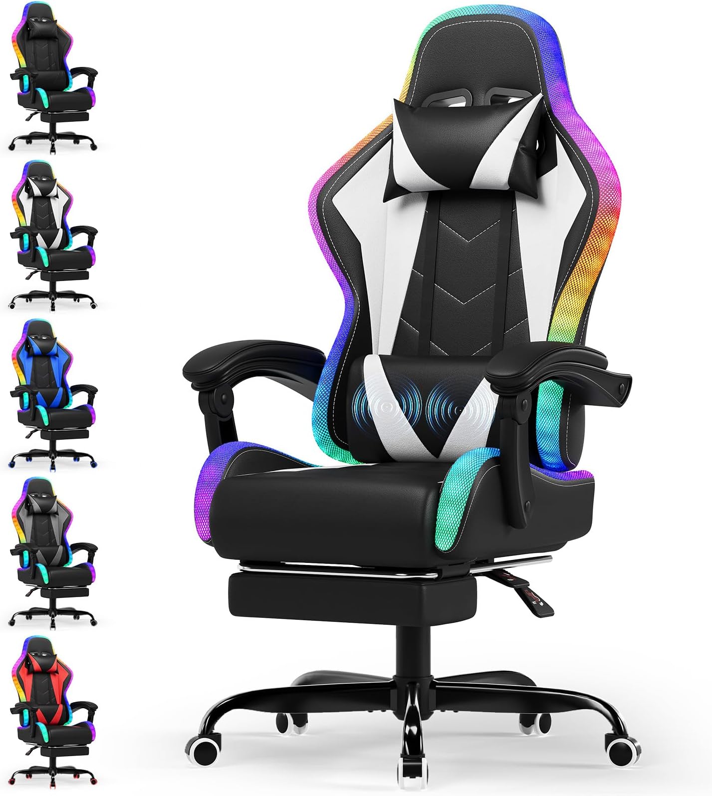Devoko LED Gaming Chair with Footrest – Ergonomic Reclining Game Chair for Adults with Massage Lumbar Cushion, RGB Lights, High Back, Adjustable PC Gamer Chair, White