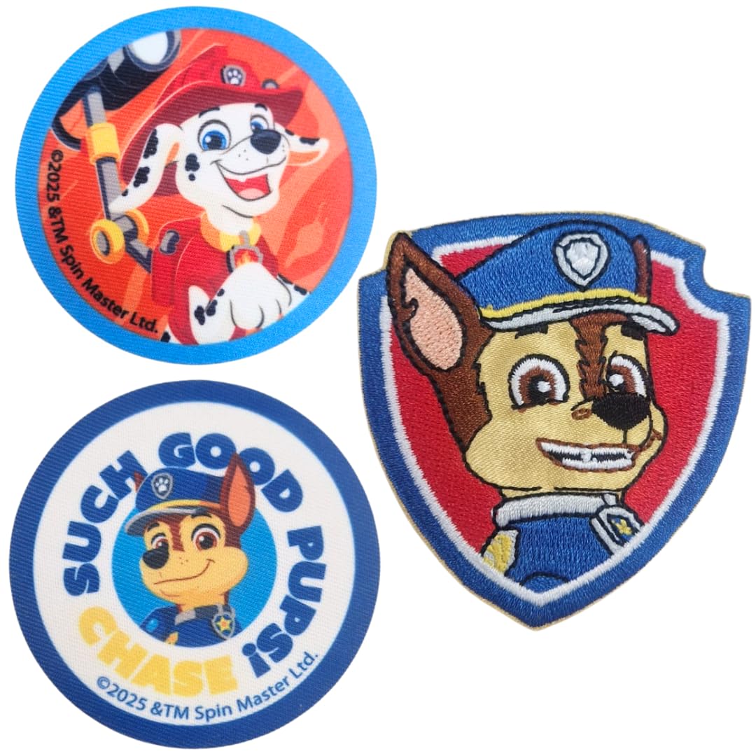 COMERCIAL MERCERA, Paw Patrol Patch for Children, Sew-On Patches, 3 Pack, Printed Patches, Ideal for Hats, Jackets, T-Shirts or School Bags, 100% Polyester, 5 x 8 cm