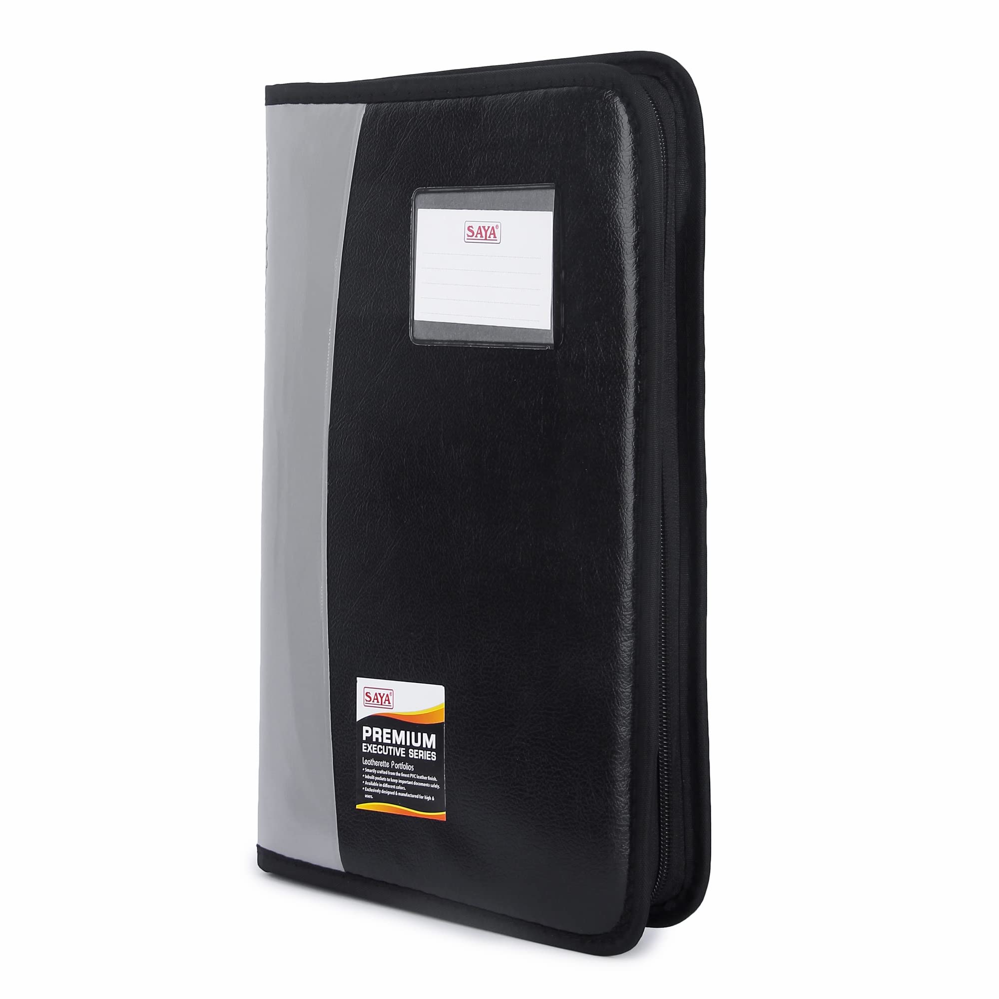 SAYA Portafolio ejecutivo de 10 bolsillos de piel sintética con cremallera, soportes para tarjetas y CD, lazo para bolígrafo, características de organización para certificados A4 FS B4, elegante