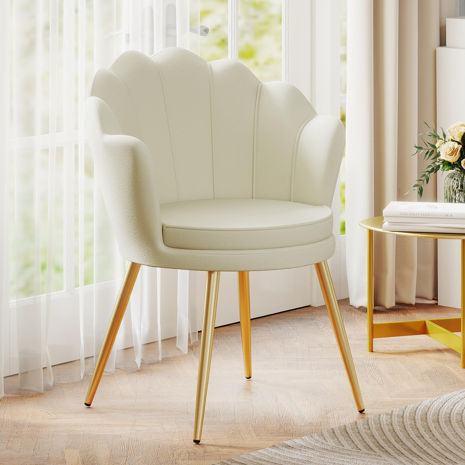 Poltrona Conchiglia Camera da Letto, Poltrona da Salotto in Velluto, Poltroncina Imbottita con Gambe in Oro per Soggiorno Camera da Letto Sale da Pranzo, Beige