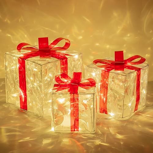 FUNPENY Juego de 3 cajas de regalo de Navidad con 60 luces LED, caja de Navidad con luz blanca cálida transparente, cajas de regalo con lazos rojos