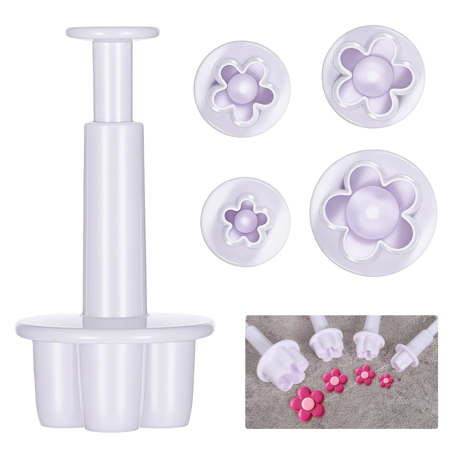 4Pcs Flower Fondant Cutter, Flower Shape Cutter White Flowers Plunger Cookie Cutters Press Mold Plastic Baking Accessories for Cookies Desserts Chocolate Candy and Clay Sculpting