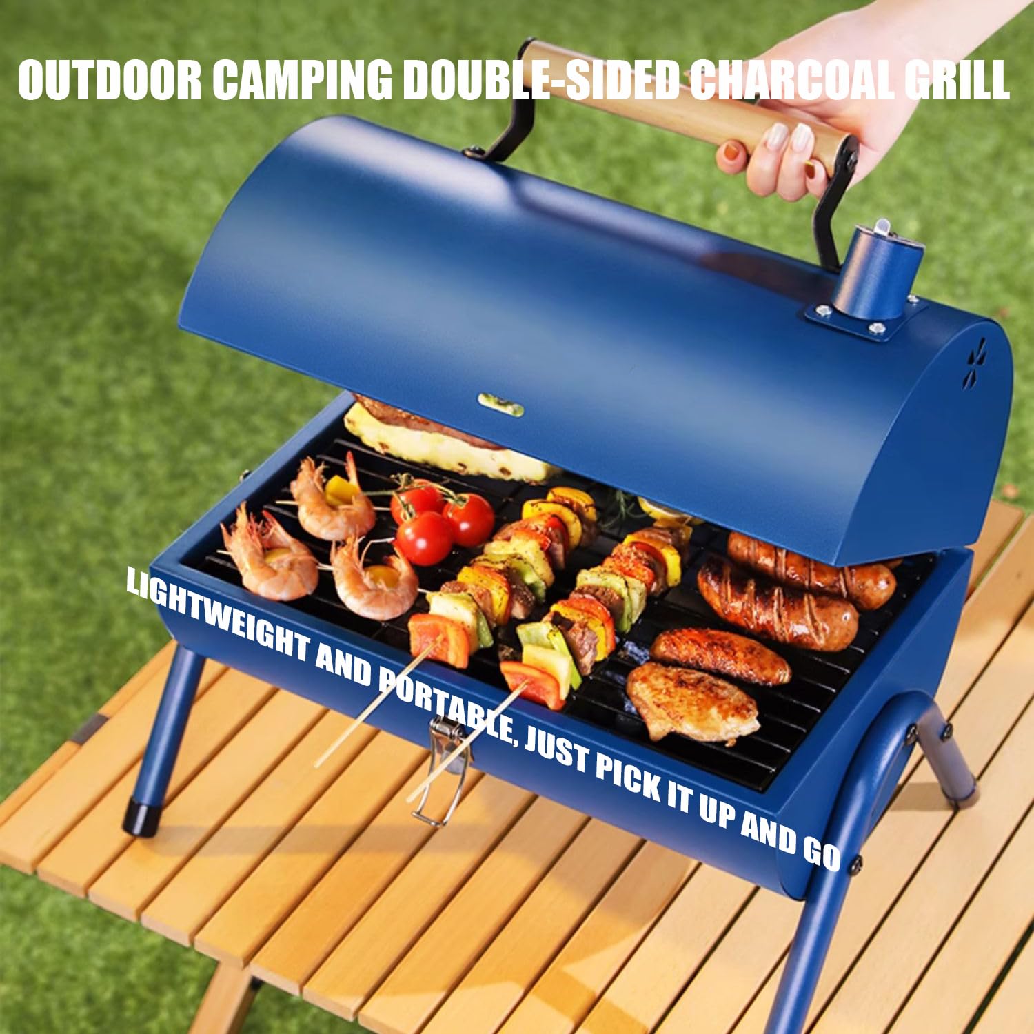 Barbecue portatile 3 in 1 con coperchio per affumicatore, grande griglia a carbone per arrostire e stufare, ideale per scrivania, campeggio, blu