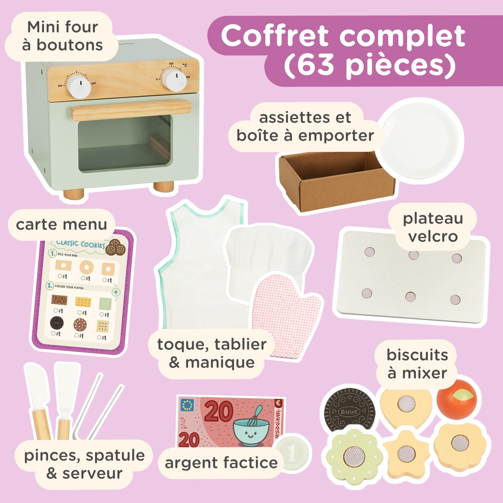Nene Toys Pâtisserie de Biscuits en Bois pour Enfants dès 3 Ans – Coffret Complet avec Mini Four, Menu, Biscuits & Argent Factice – Jeu d’Imitation Éducatif & Premiers Calculs – Cadeau 3–6 Ans