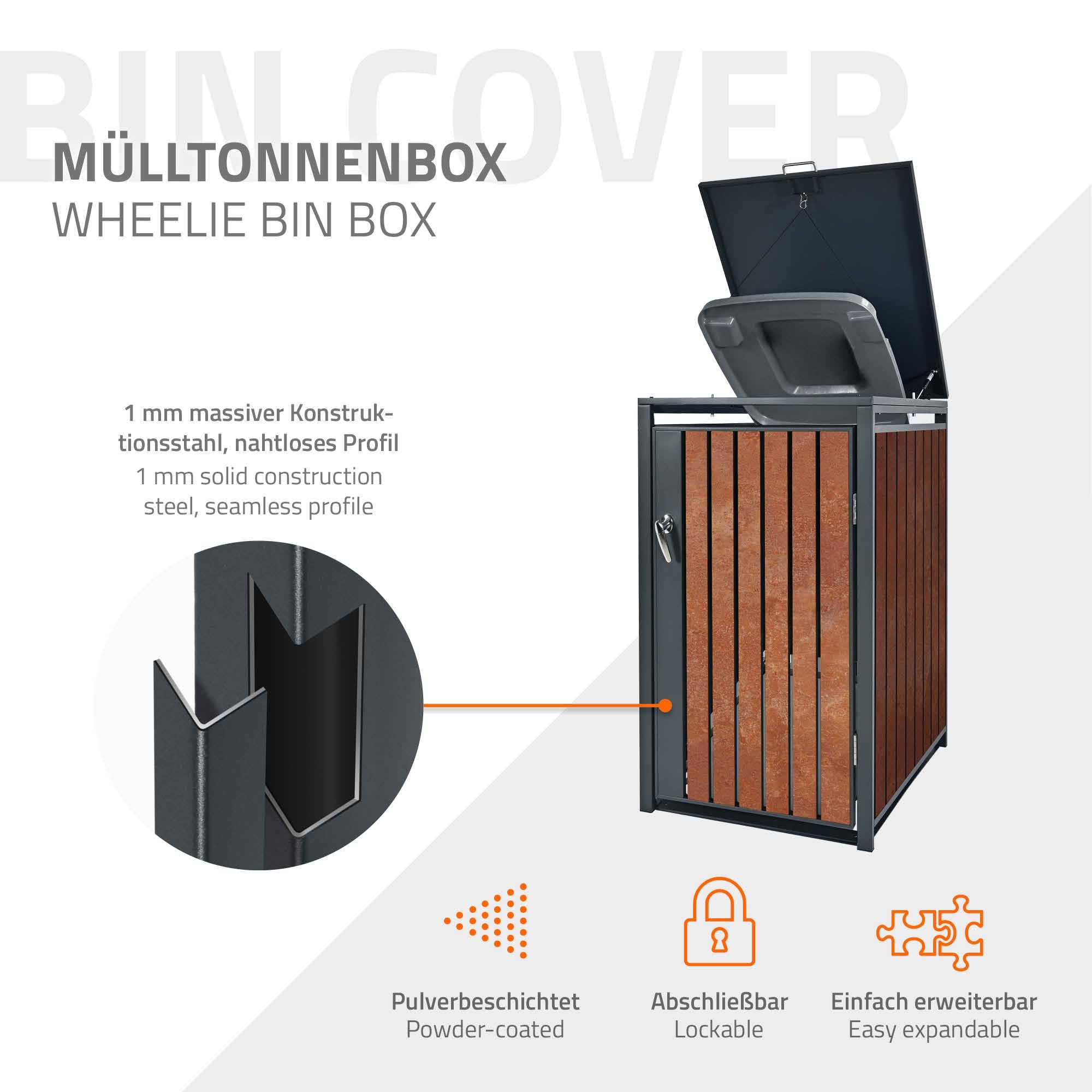 ML-Design Box pour 1 Poubelle, 240L, 68x80x116,3 cm, en Acier/Acier Corten, Anthracite/Aspect Rouille, Habillage de Poubelle avec Couvercle Rabattable/Porte, Conteneur Abri Hangar Cache-Poubelle
